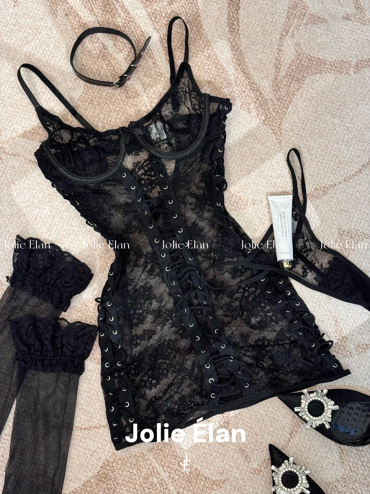 JolieElan Smith Couple Sexy Lace Perspective Cross Strap Tight Gathering Lingerie Set