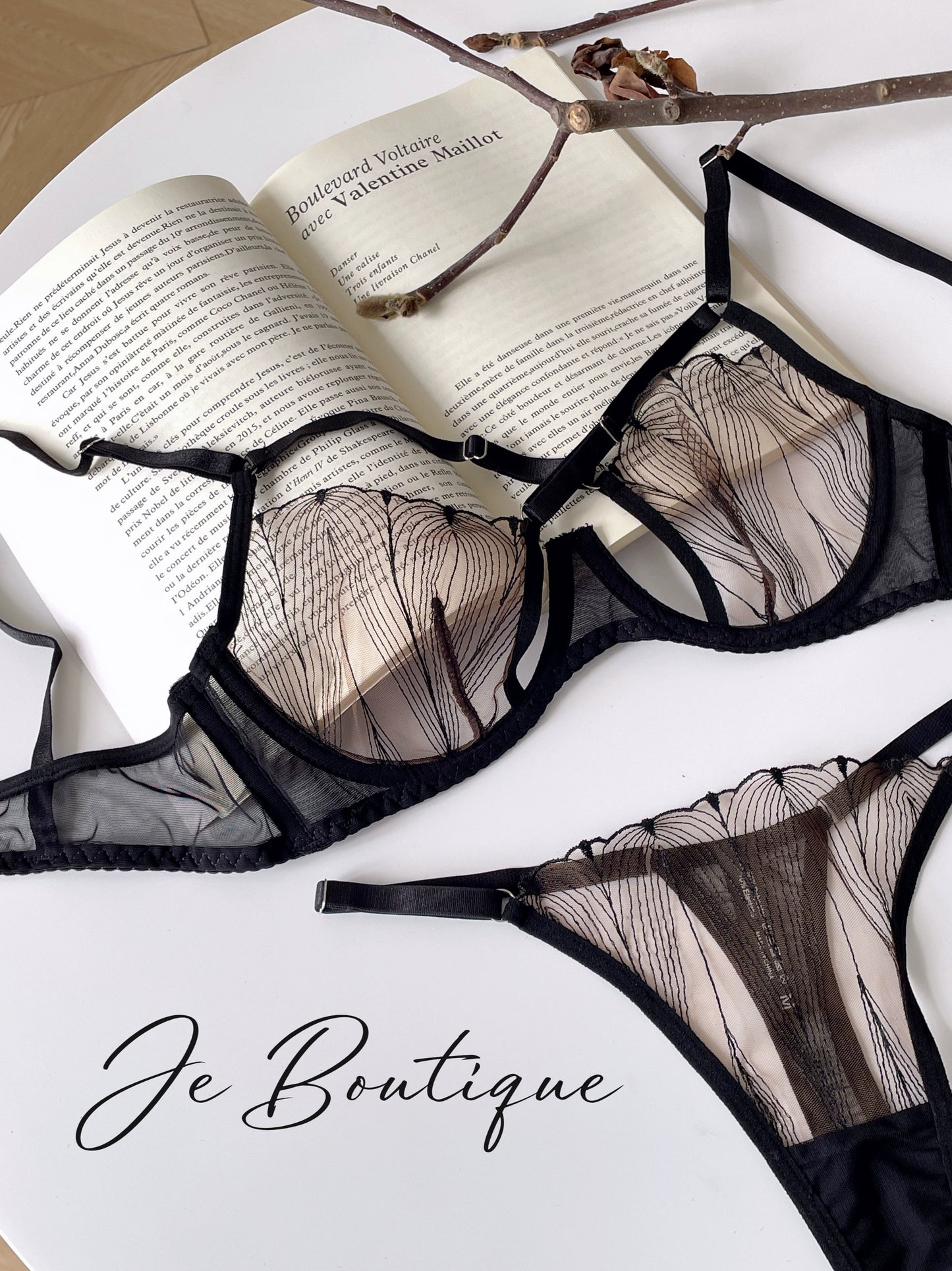 JolieElan · Rum Effect · French Lace Ultra Thin Sexy Cross Hollow Pure Desire Underwear Set