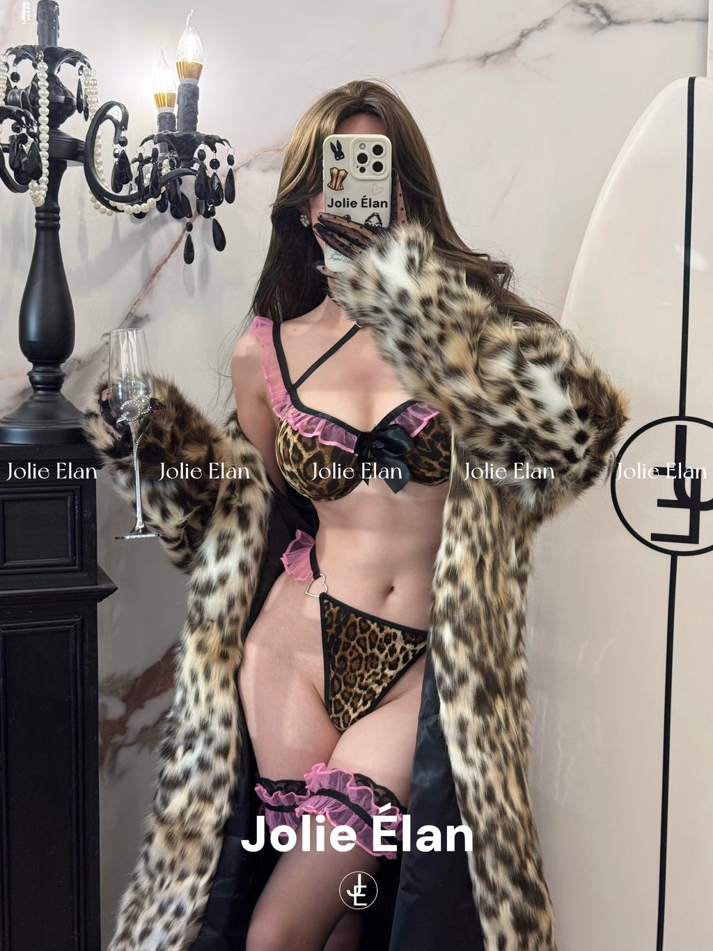 JolieElan · Pink Leopard Sweetheart · Leopard Print Sexy Hot Cross Gathering QQ Underwear Set