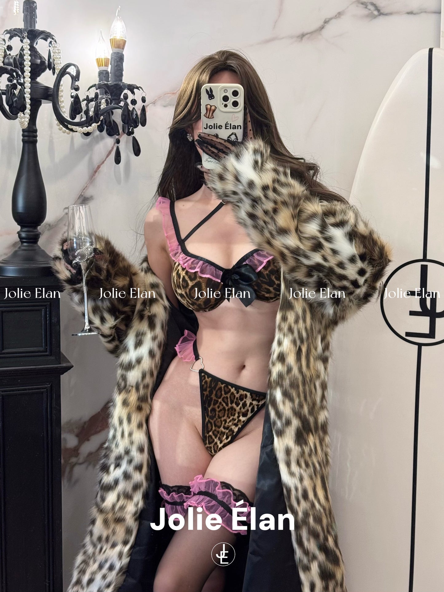 JolieElan · Pink Leopard Sweetheart · Leopard Print Sexy Hot Cross Gathering QQ Underwear Set