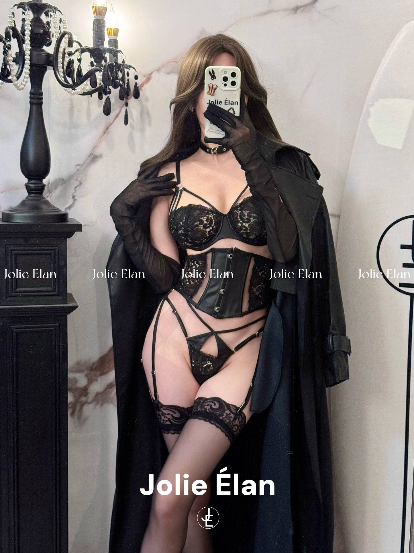 JolieElan · Sweet Spy · French Lace Sexy Fish Bones and Leather Gathering Waist Underwear Set