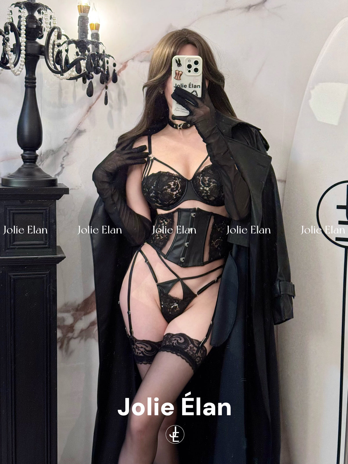JolieElan · Sweet Spy · French Lace Sexy Fish Bones and Leather Gathering Waist Underwear Set