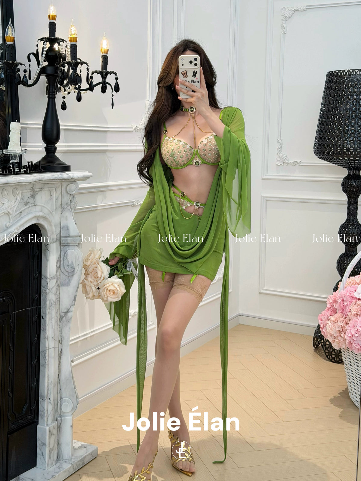 JolieElan Princess Jasmine French Sexy Luxury Gem Chain Embroidered Perspective Underwear Set