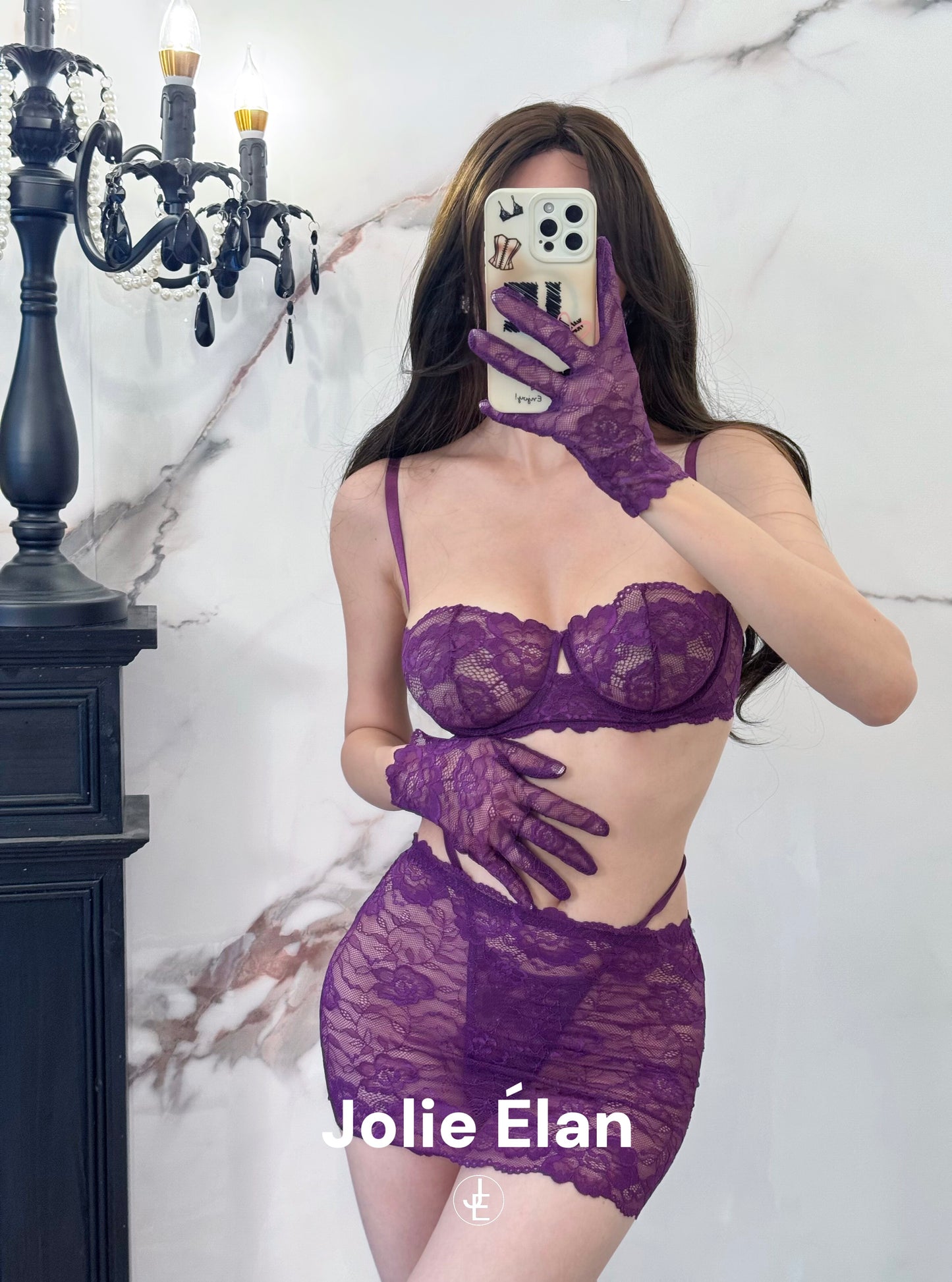 JolieElan · Born noble · Sexy gathering purple lace perspective premium French underwear set