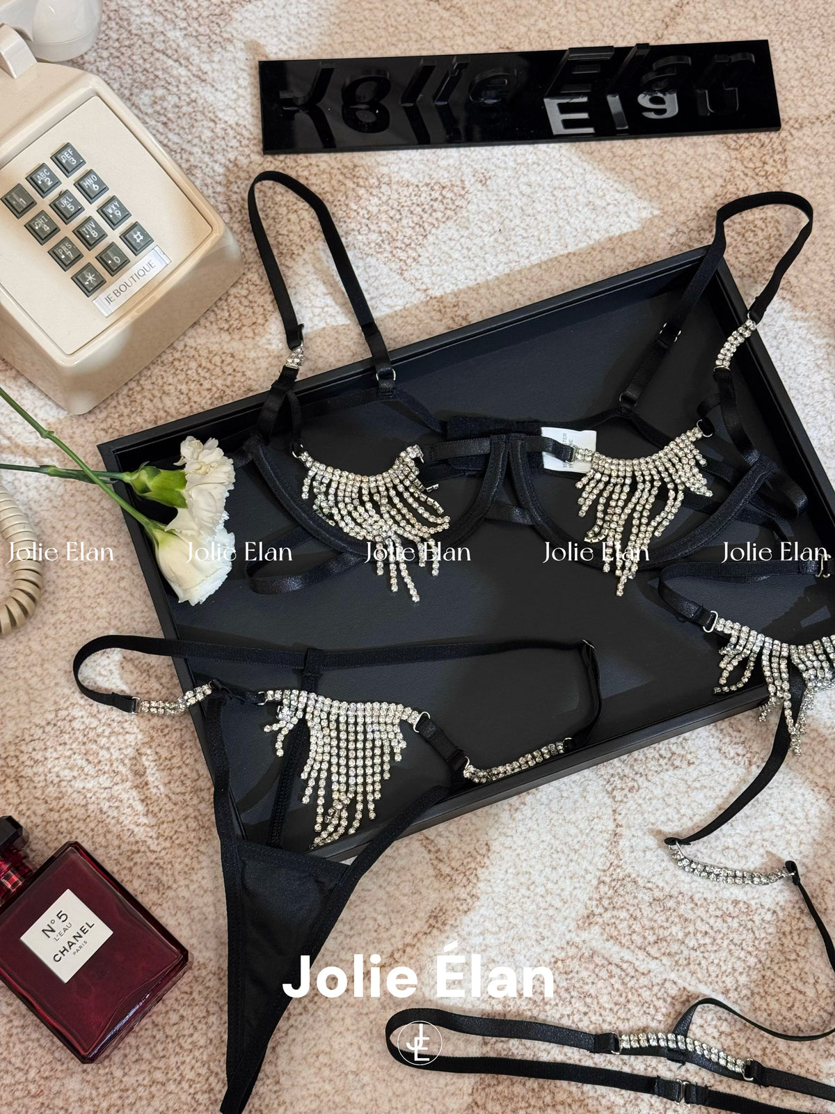 JolieElan · Cleopatra · Sexy fringed rhinestone chain hollowed out gathering flash qq underwear set