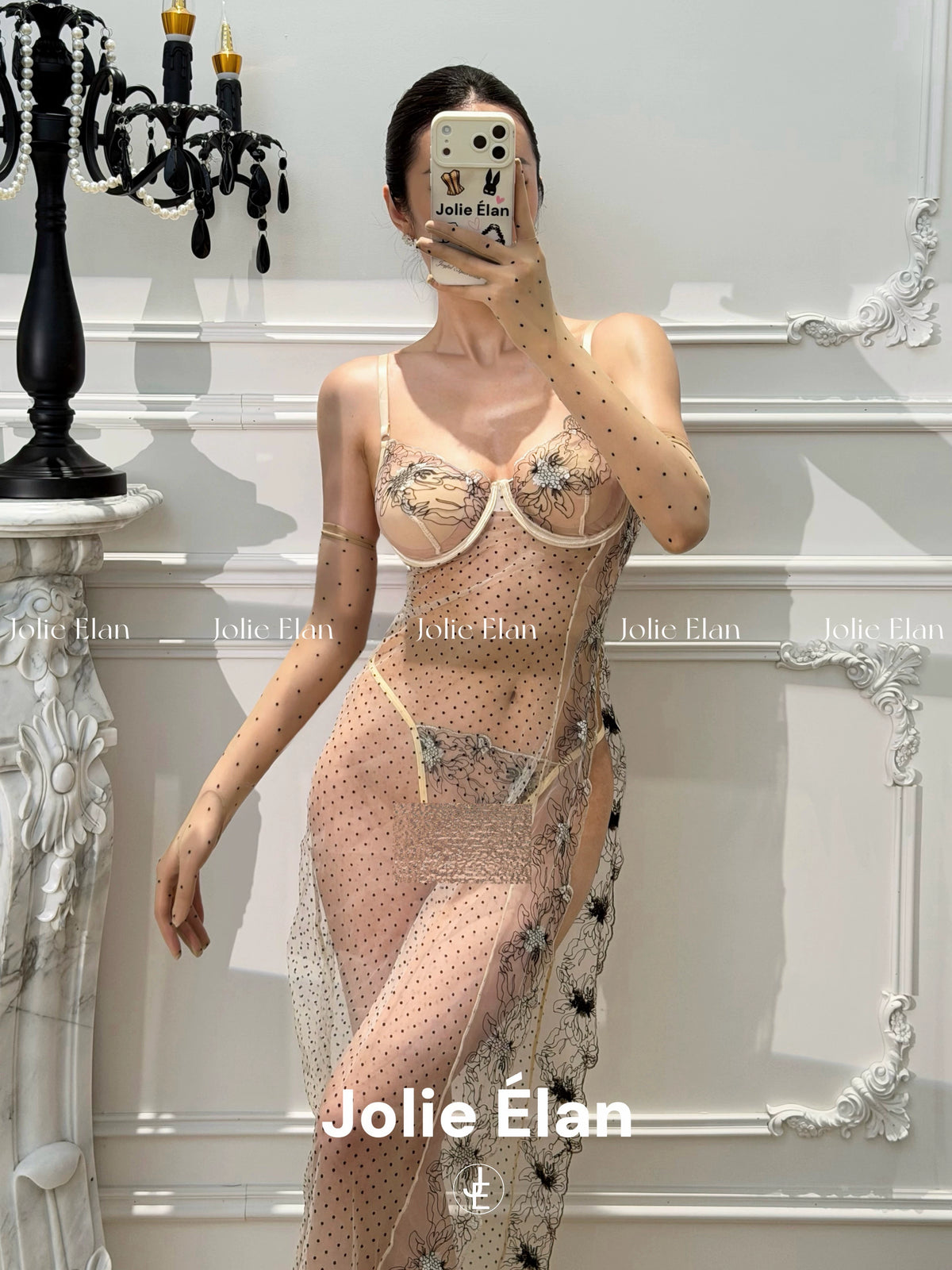 JolieElan · Dreaming of Dreams · Sexy Royal Sister Polka Dot Embroidery Perspective Slits Premium Underwear Set