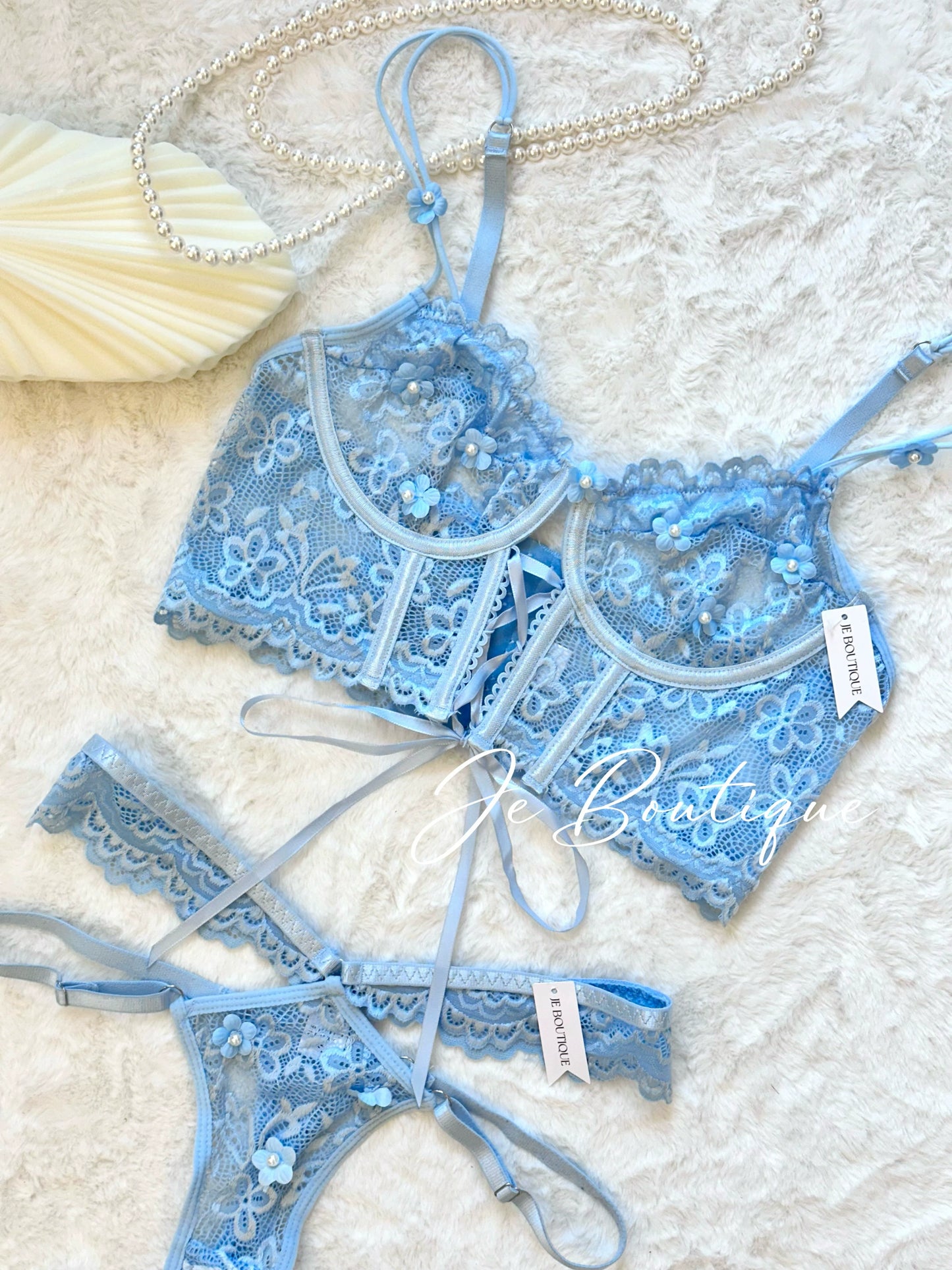 JolieElan · Human Elf · French Lace Flower Fishbone Sexy Strap Pure Desire Underwear Set