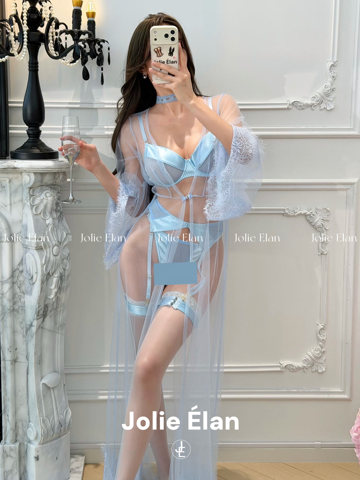 JolieElan · Fuchun Ruomeng · French Sexy Blue Mesh Perspective Premium Atmosphere Underwear Set