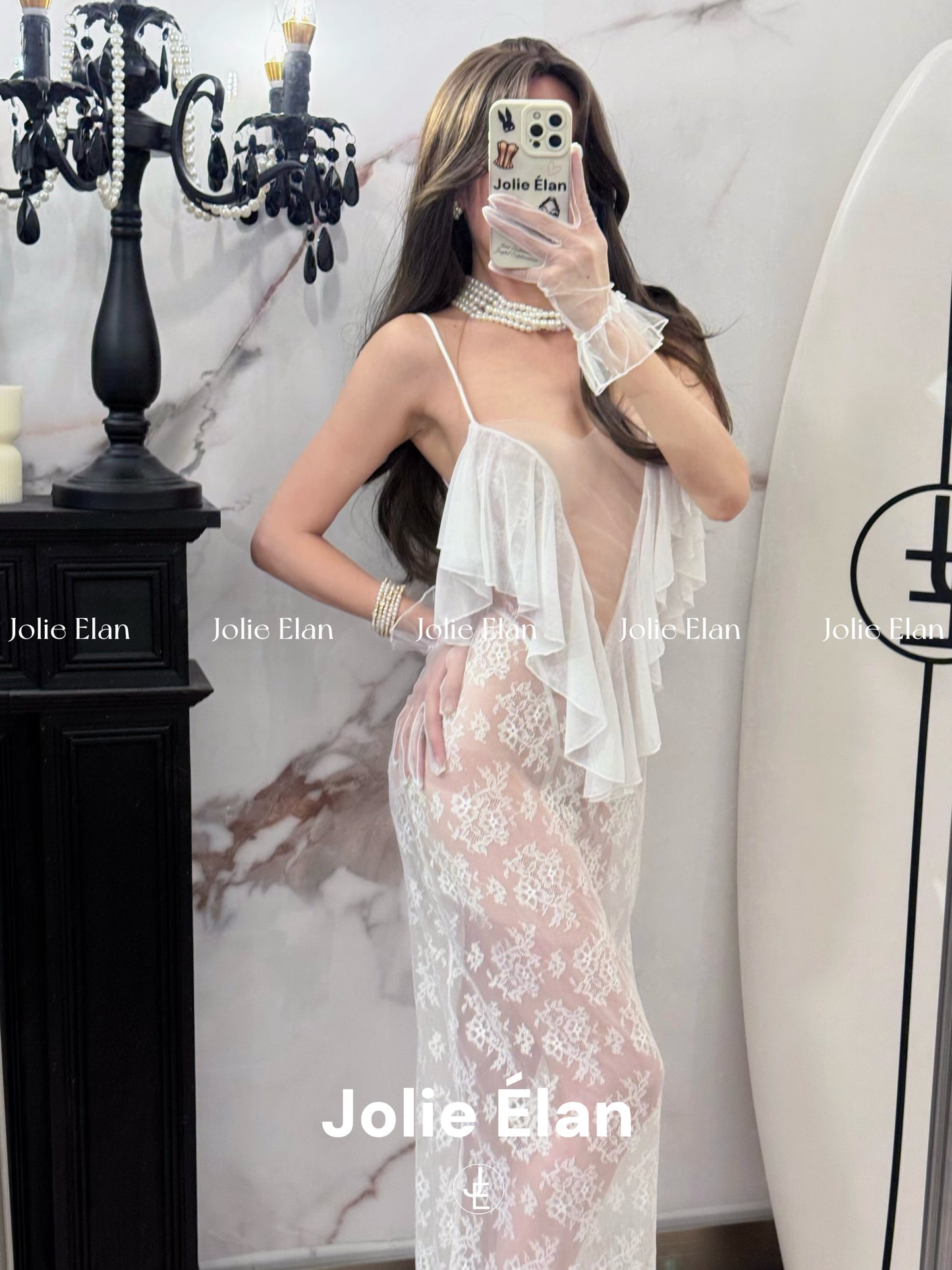 JolieElan · Lost in the world · Sexy deep V mesh stitching lace perspective lazy French underwear set