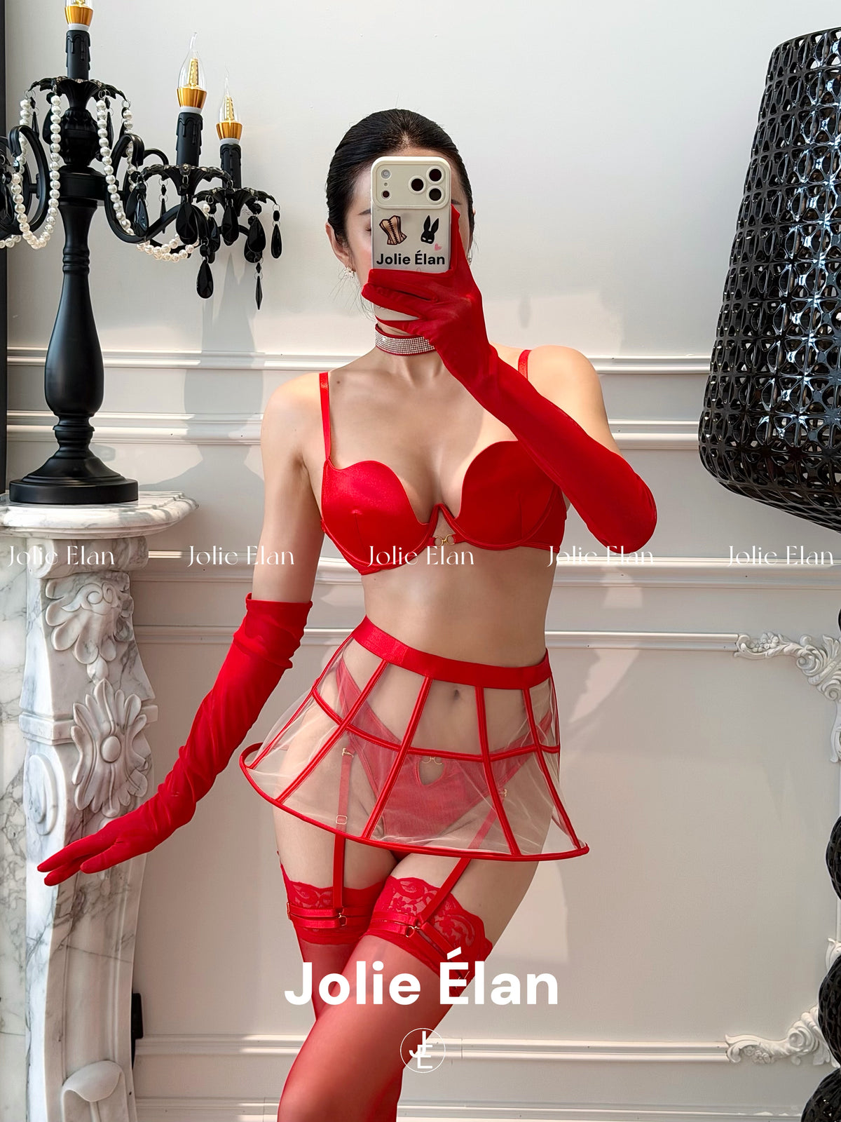 JolieElan · Red Flame Ballet · French Sexy Red Mesh Perspective Fishbone Premium Underwear Set