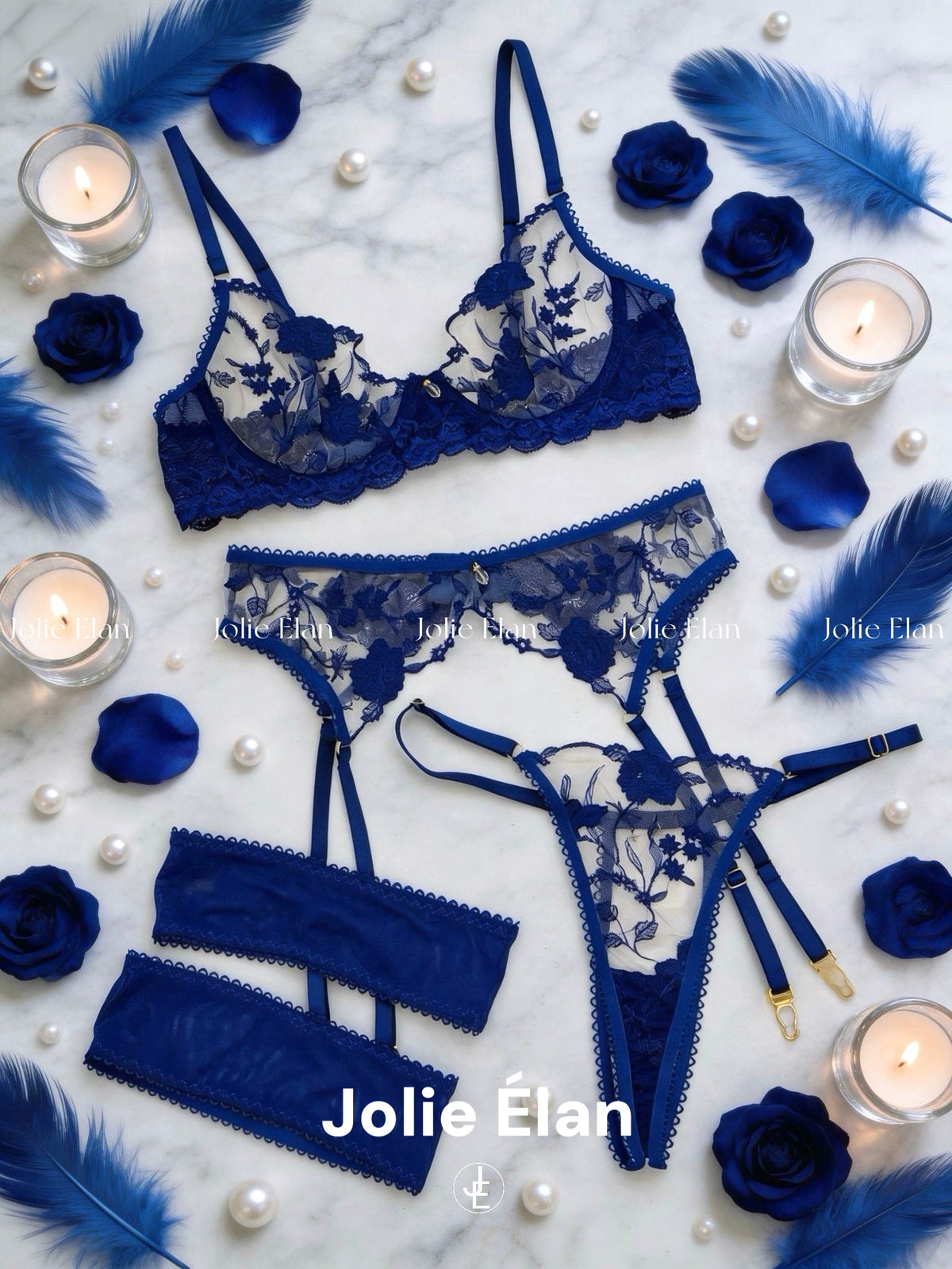 JolieElan Ecuador Blue Rose French Sexy Embroidery Perspective Premium Underwear Set