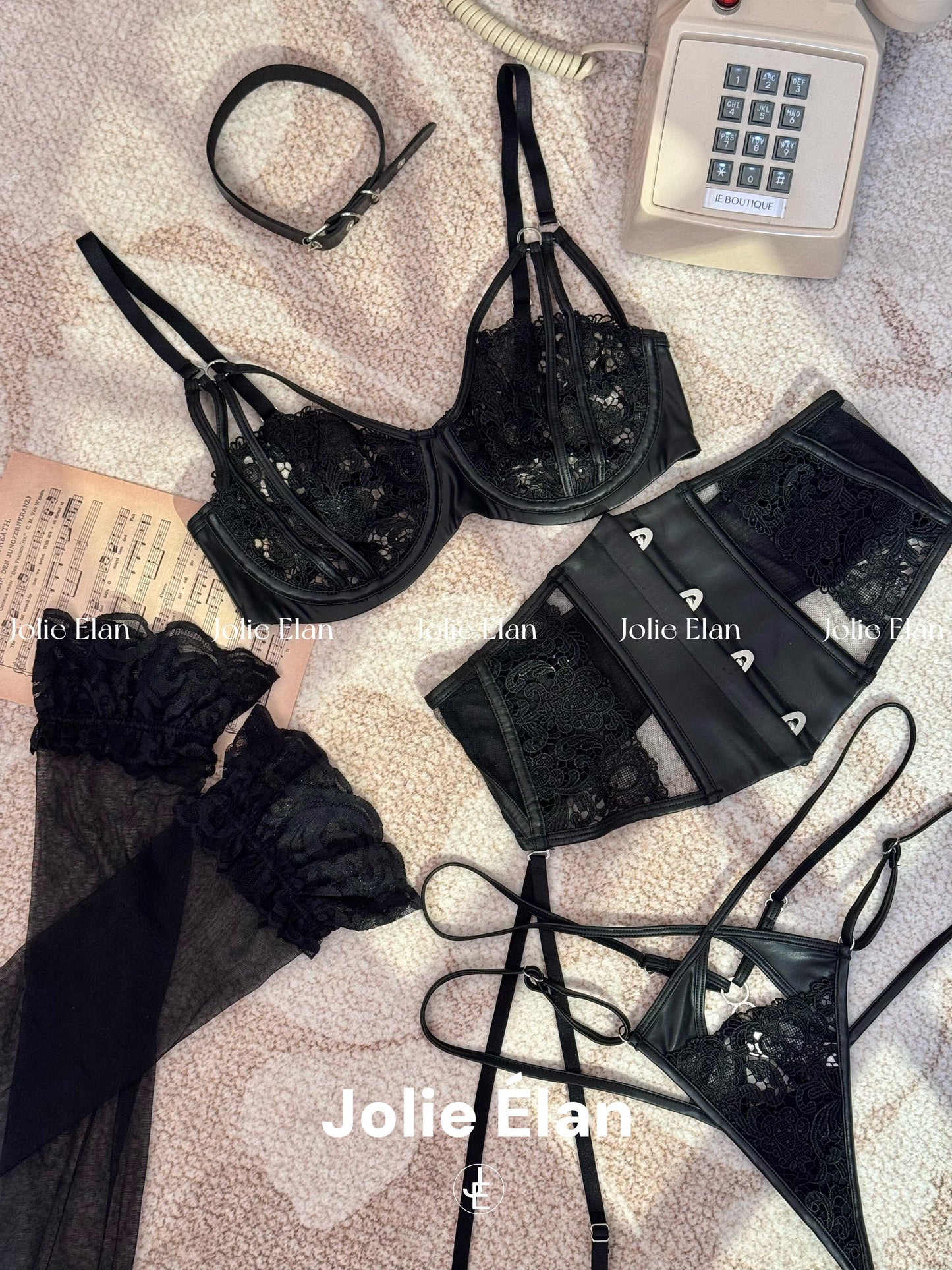 JolieElan · Sweet Spy · French Lace Sexy Fish Bones and Leather Gathering Waist Underwear Set