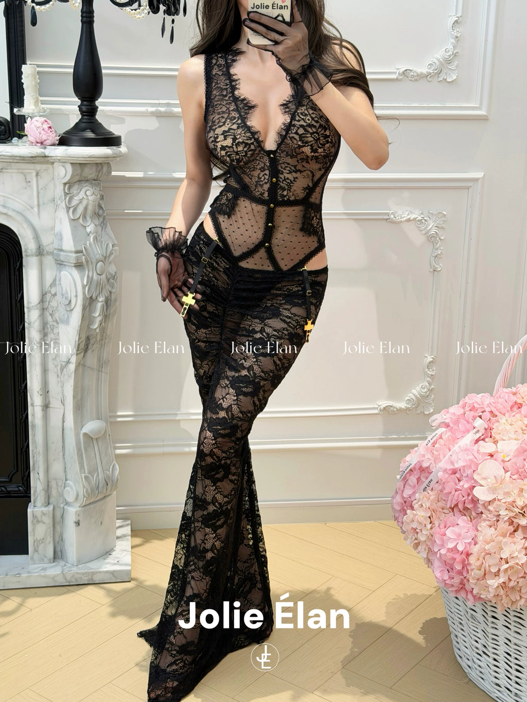 JolieElan Eaton Beauty God Sexy Deep V Lace Mesh Perspective Ultra-thin Premium One-piece Underwear Set