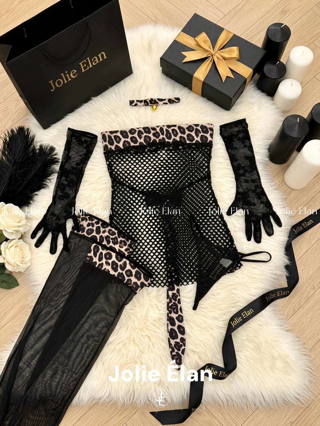JolieElan · Love Hunter · Royal Sister Sexy Spice Girl Leopard Print Black Grid Perspective Underwear Set