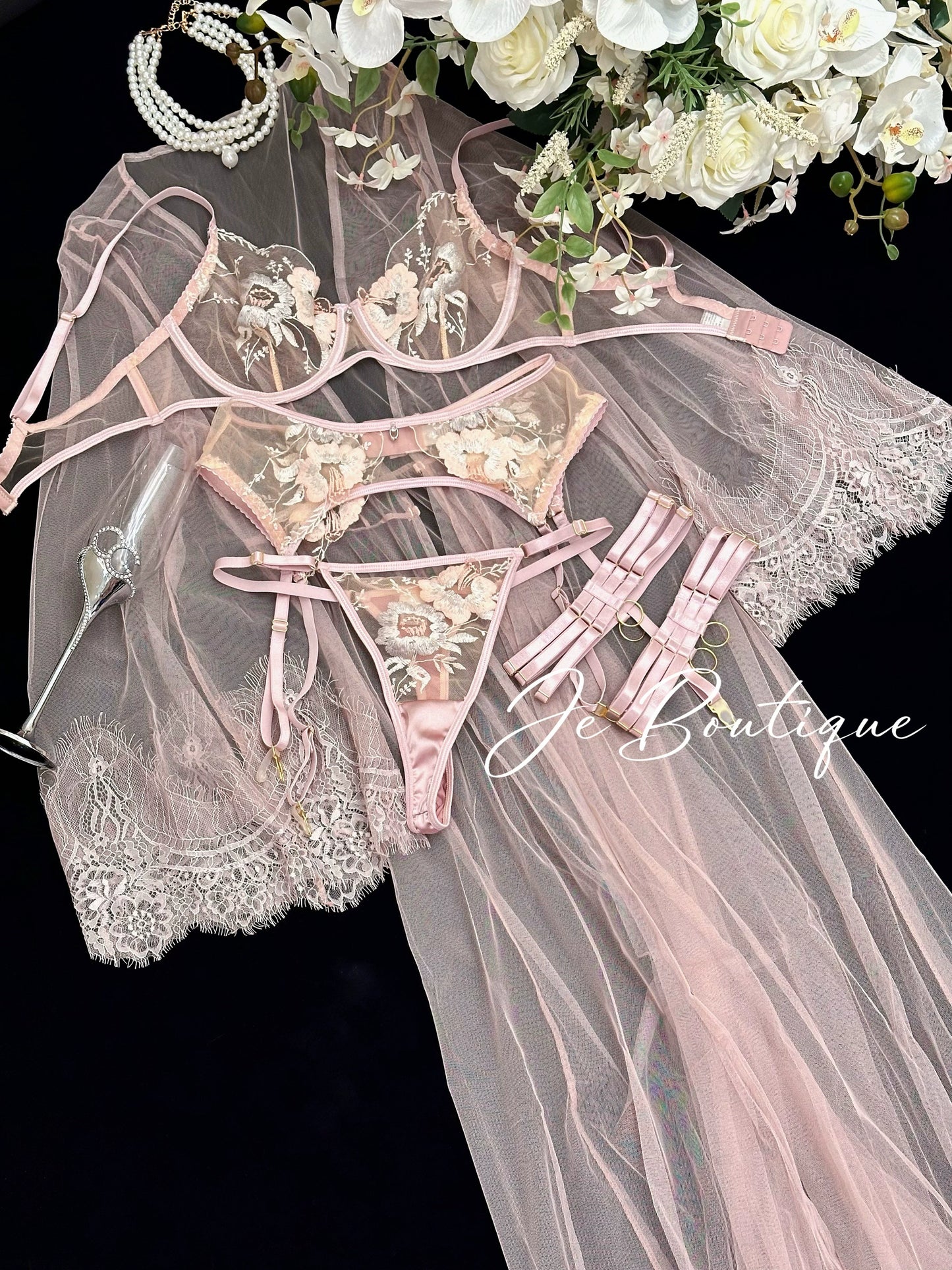 JolieElan · Beloved Garden · French Holiday Pure Desire Embroidered Mesh Sexy Underwear Set