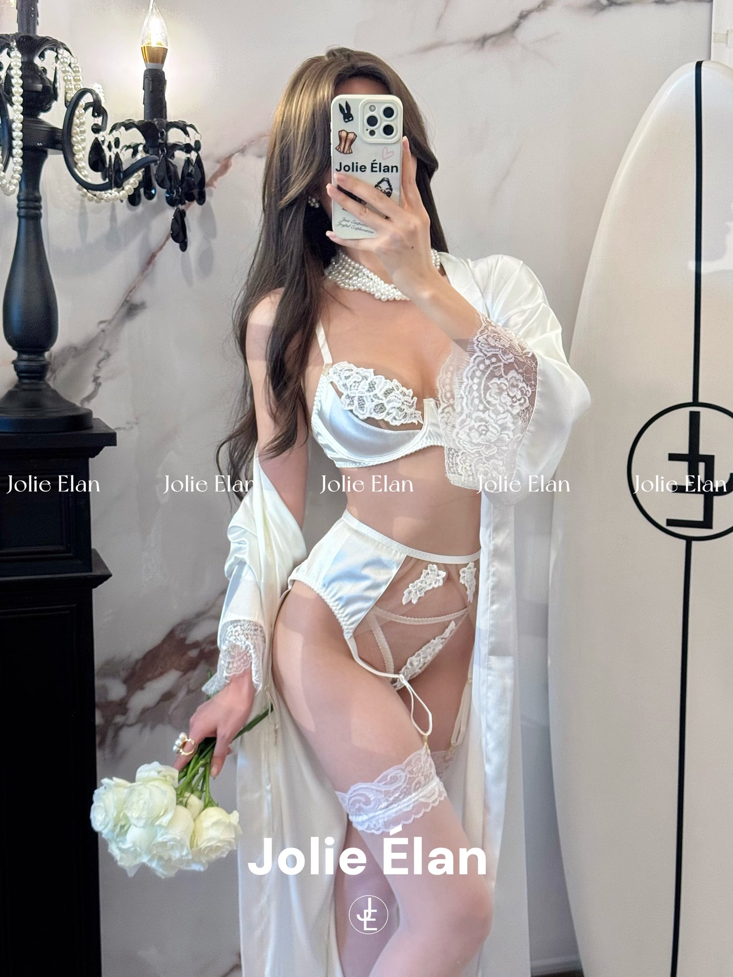 JolieElan Fendra French Lace Mesh Embroidery Sexy Perspective Gathering Underwear Set