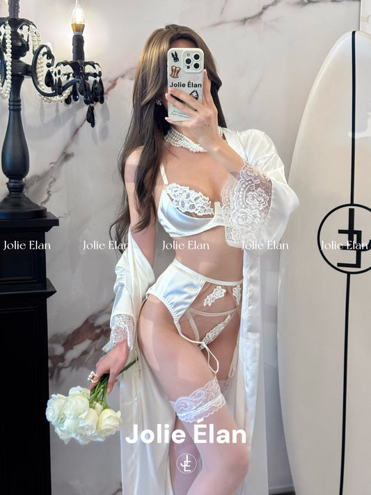 JolieElan Fendra French Lace Mesh Embroidery Sexy Perspective Gathering Underwear Set