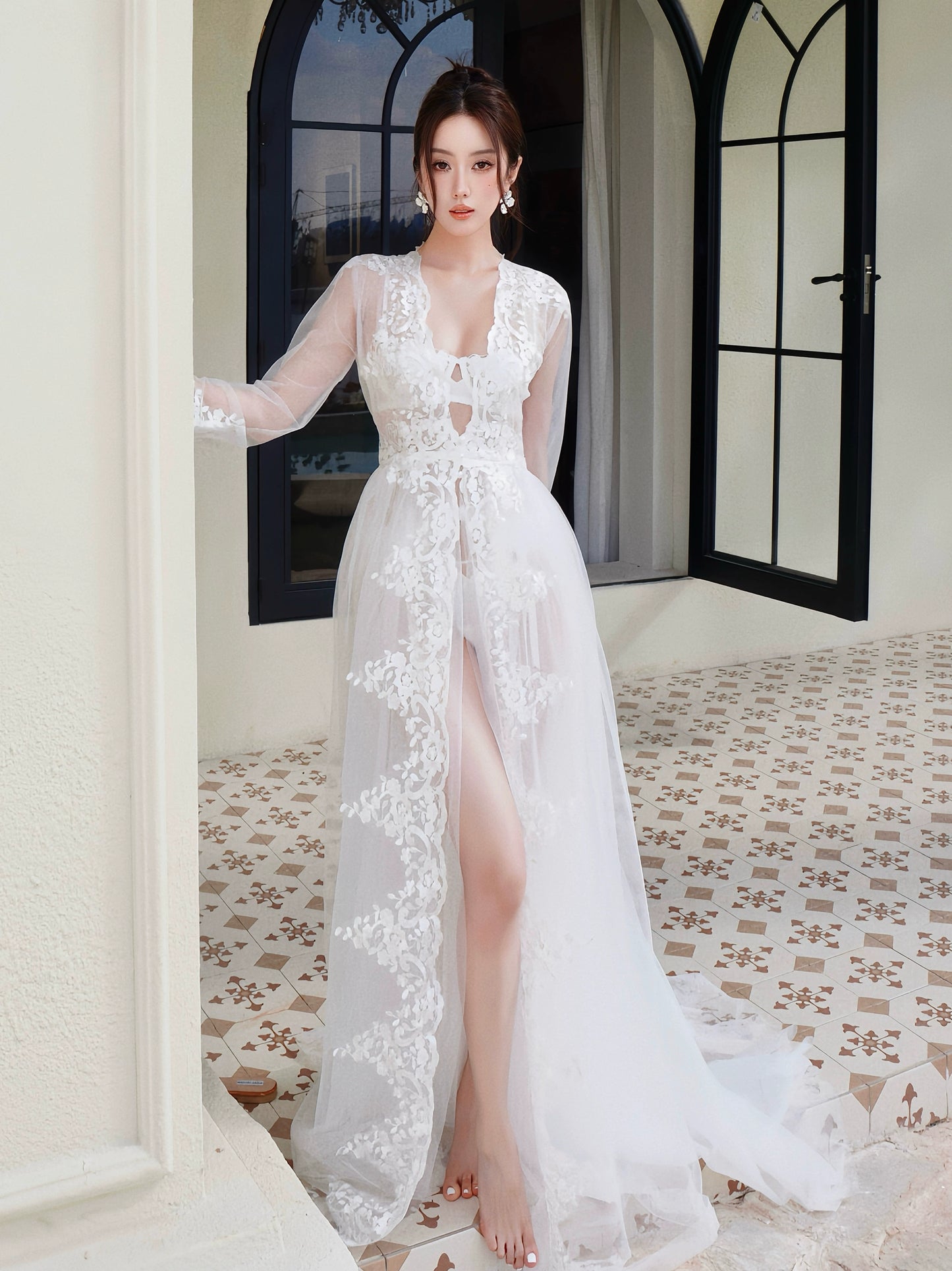 JolieElan · White Moonlight · Morning Robe Bride French Wedding Dress Embroidery Holiday Lace Sexy Underwear Set