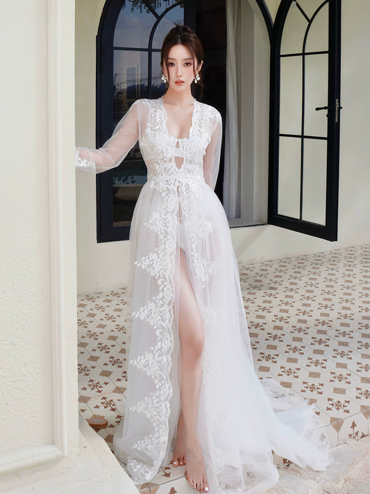JolieElan · White Moonlight · Morning Robe Bride French Wedding Dress Embroidery Holiday Lace Sexy Underwear Set