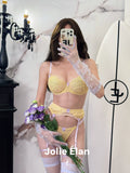 JolieElan · South France Holiday · French Lace Yellow Suspender Sexy Perspective Premium Lingerie Set