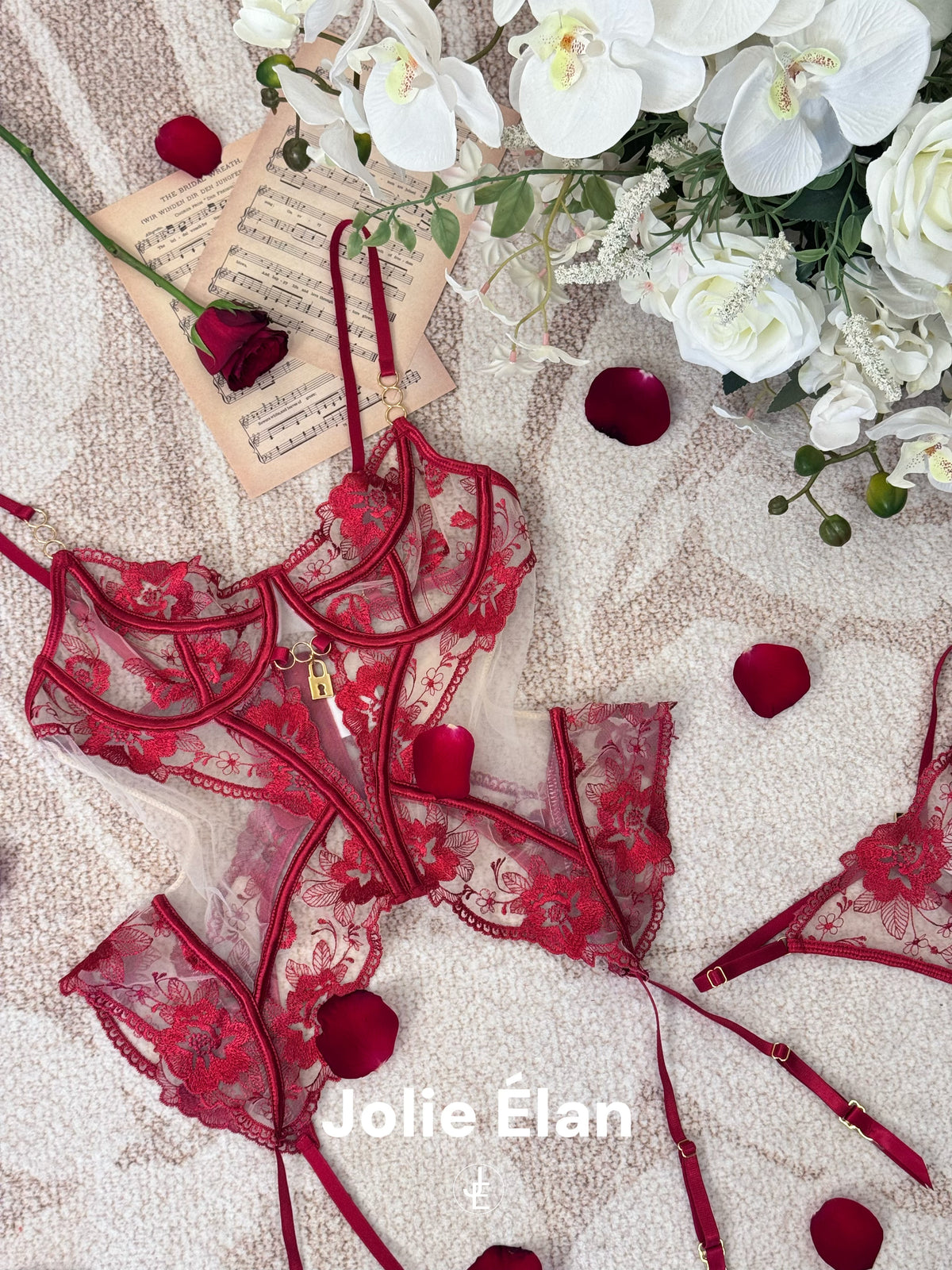 JolieElan · Rich Idle · Sexy Fishbone Mesh Embroidery Lace Perspective French Underwear Set