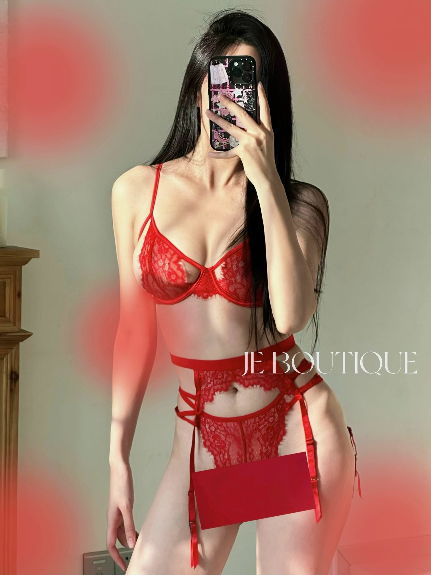 JolieElan · Killer Mace · Benzinnian Red Sexy Lace Gathering Underwear Set Women's Three-piece Set