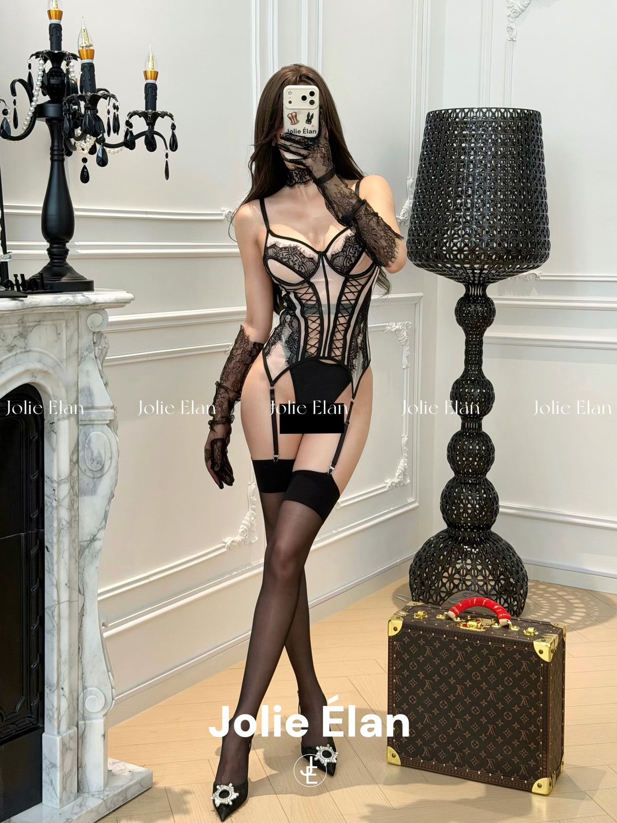 JolieElan · Gossip Girl · French Sexy Lace Mesh Perspective One-piece Premium Underwear Set