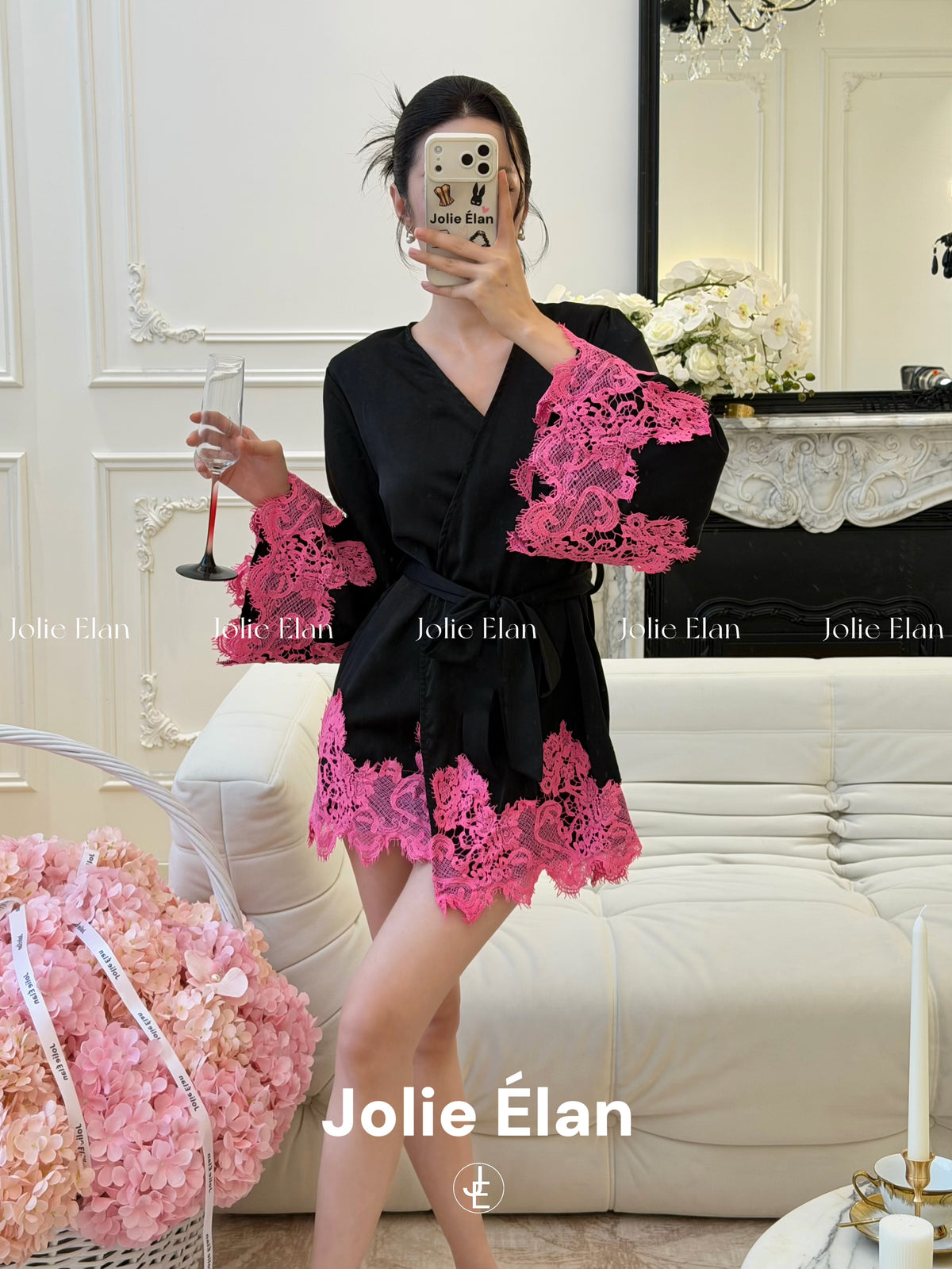 JolieElan · South France Holiday · French Lazy Lace Contrast Color Deep V Skinny Lace-Up Premium Gown Pajamas
