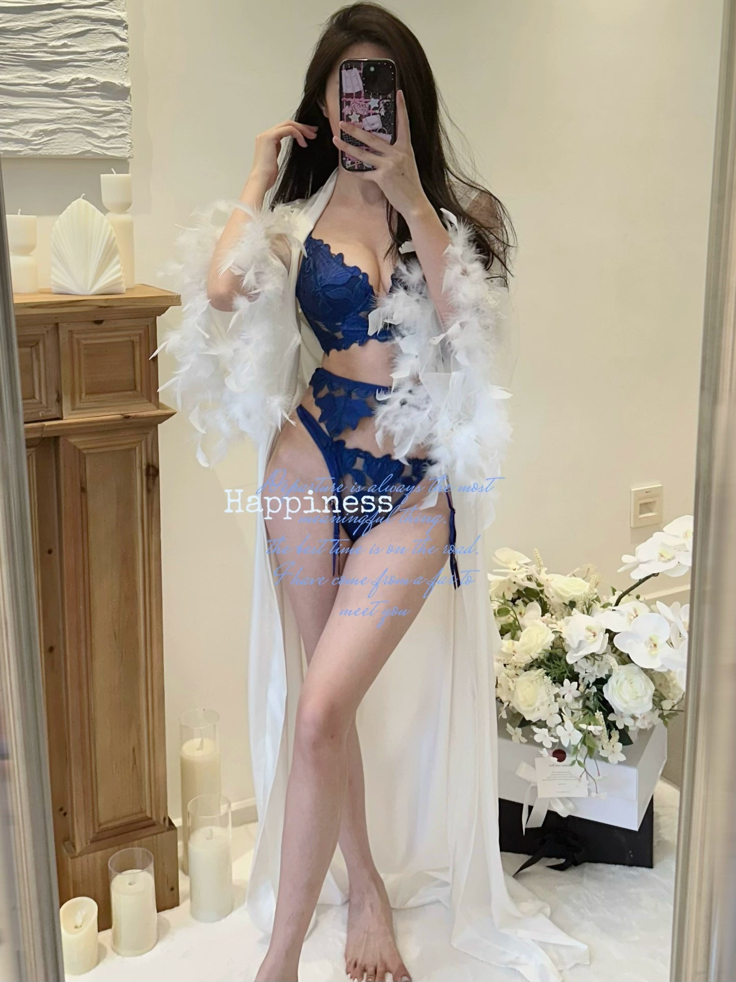 JolieElan · Moonlight Muse · French Celebrity Lace Embroidered Feather Long Gown Loungewear