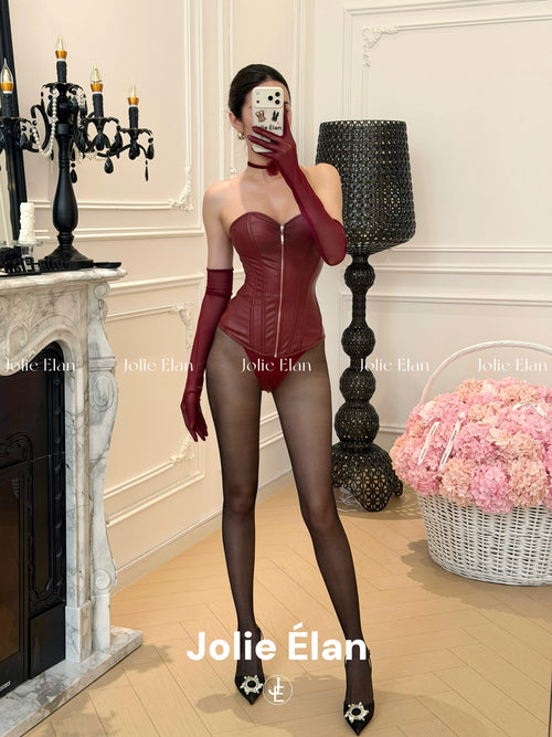 JolieElan Kochi Shrew OL Royal Sister Sexy Burgundy pu Vintage Zipper Corset Underwear Set