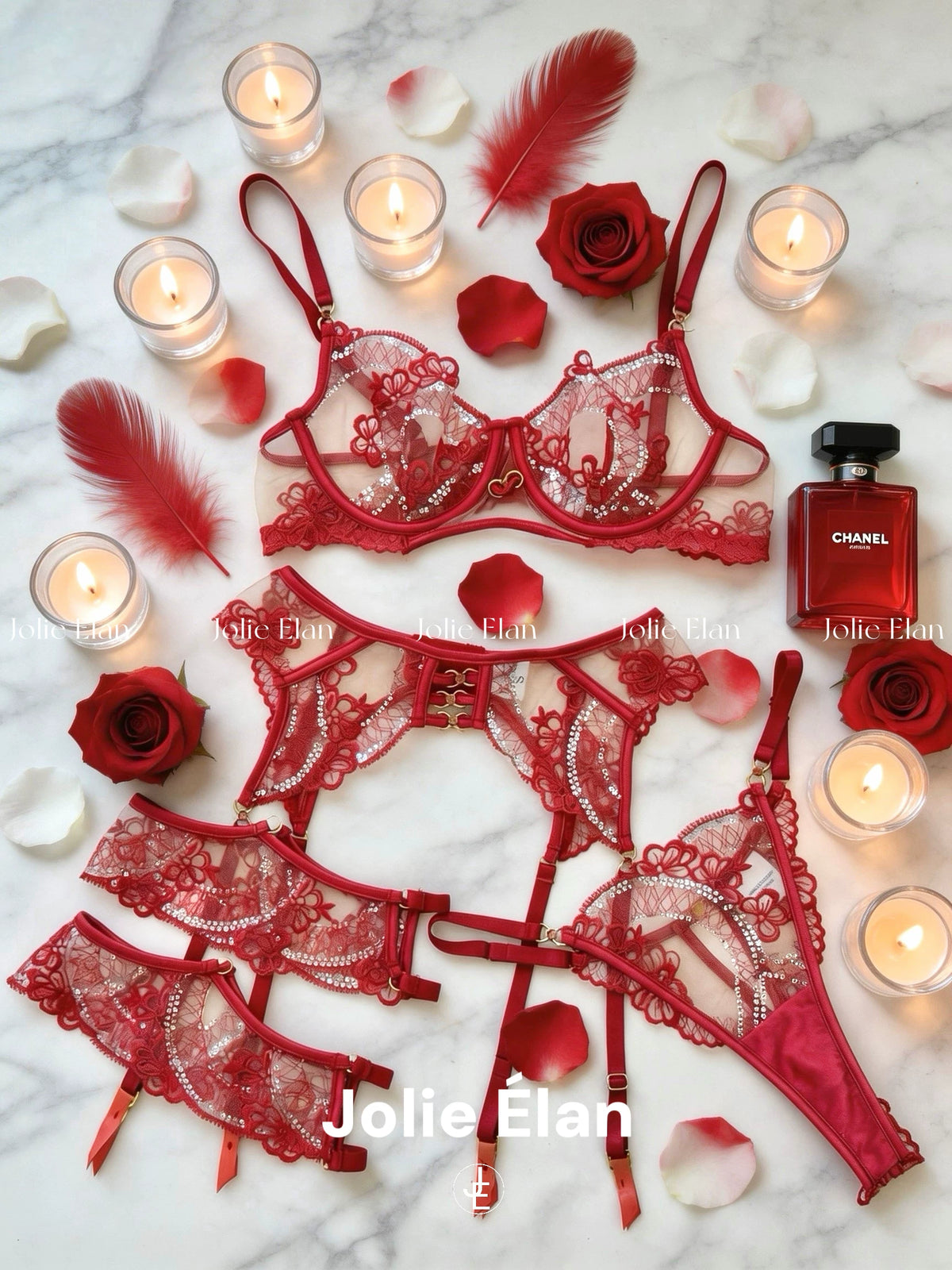 JolieElan · Sweetness · HB Sexy Embroidery Sequins Perspective Light Luxury Premium Split Underwear Set