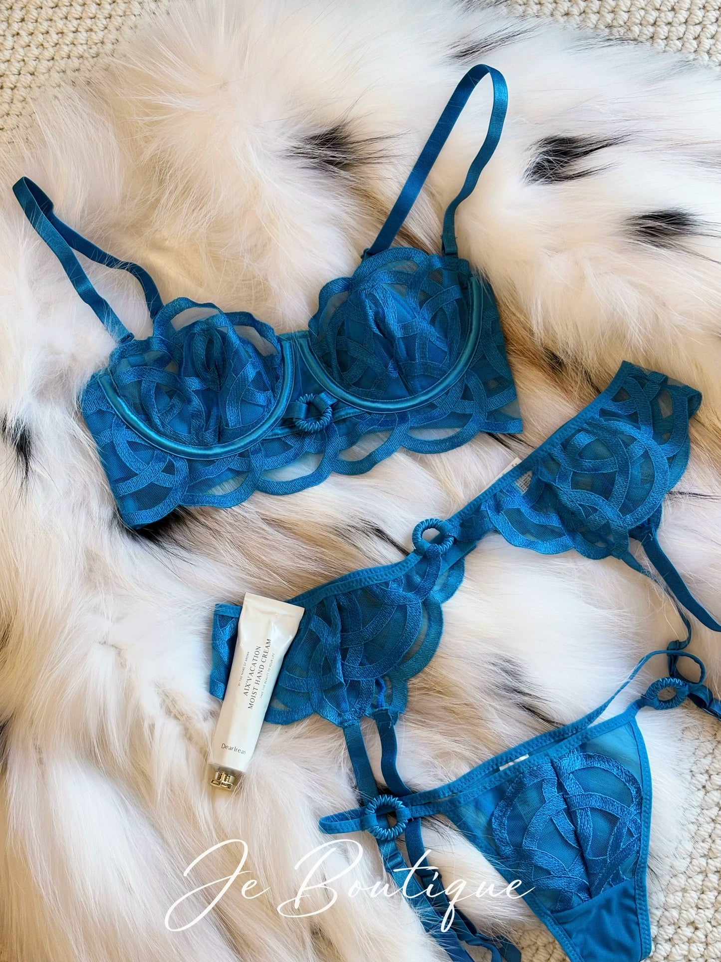 JolieElan · Lovers · French Romantic Lace Blue Fishbone Embroidery Gathering Sexy Lingerie Set