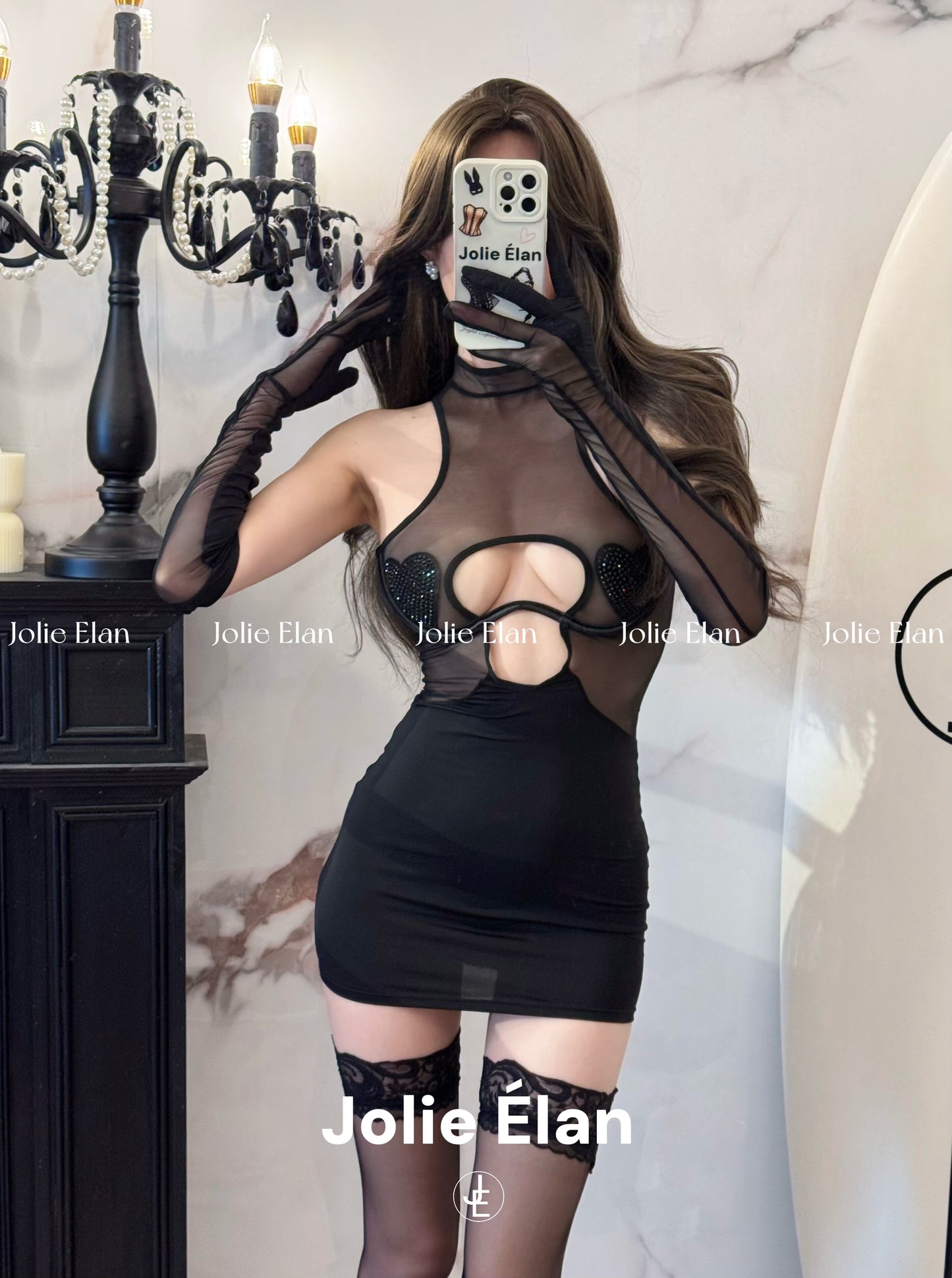 JolieElan · Fishing players · Sexy mesh perspective love flash diamond abstinence French underwear set