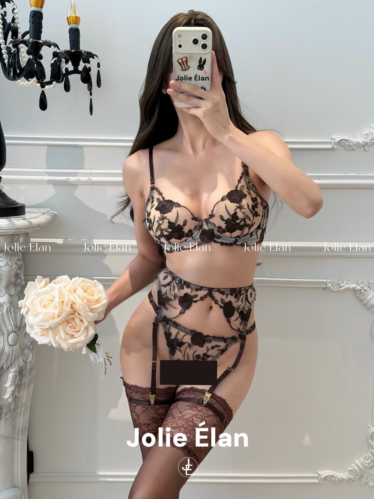 JolieElan · Love Black Qiao · Brown Rose French Sexy Embroidery Perspective Premium Underwear Set