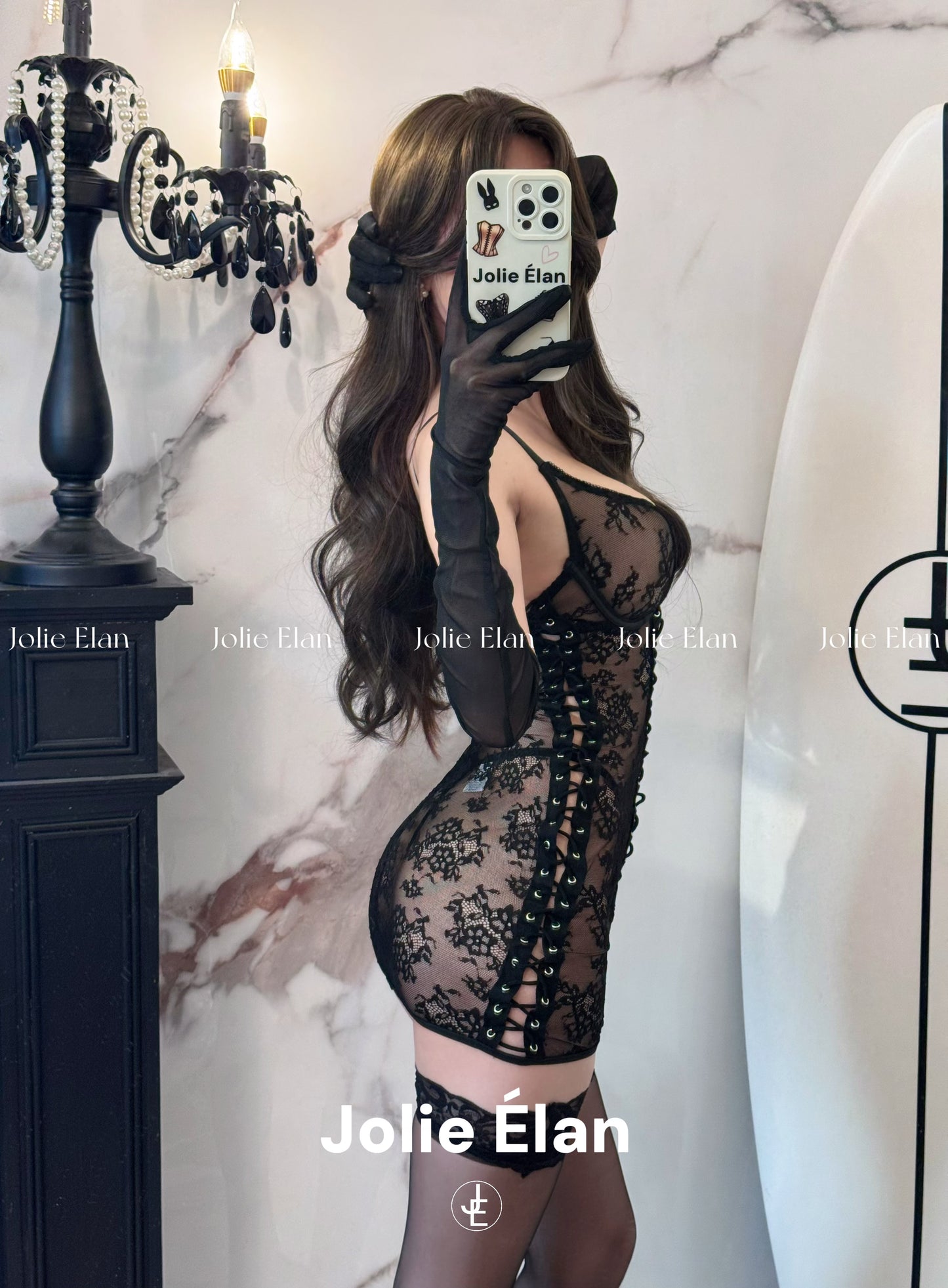 JolieElan Smith Couple Sexy Lace Perspective Cross Strap Tight Gathering Lingerie Set