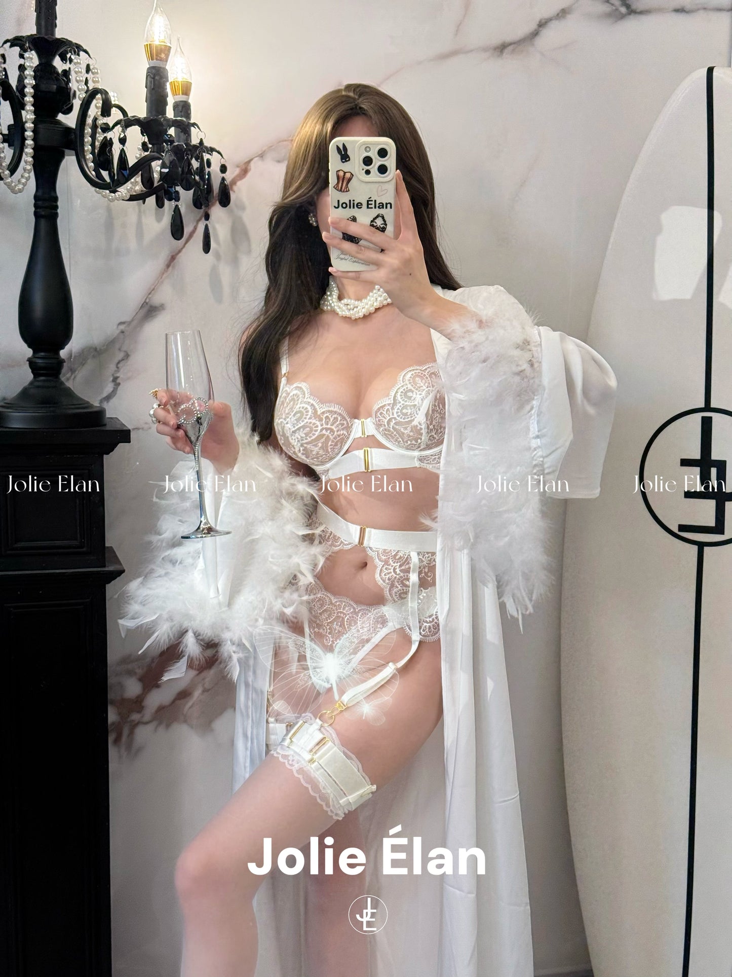 JolieElan Gatsby French Lace Hollow Perspective Gathering Premium Sexy Lingerie Set