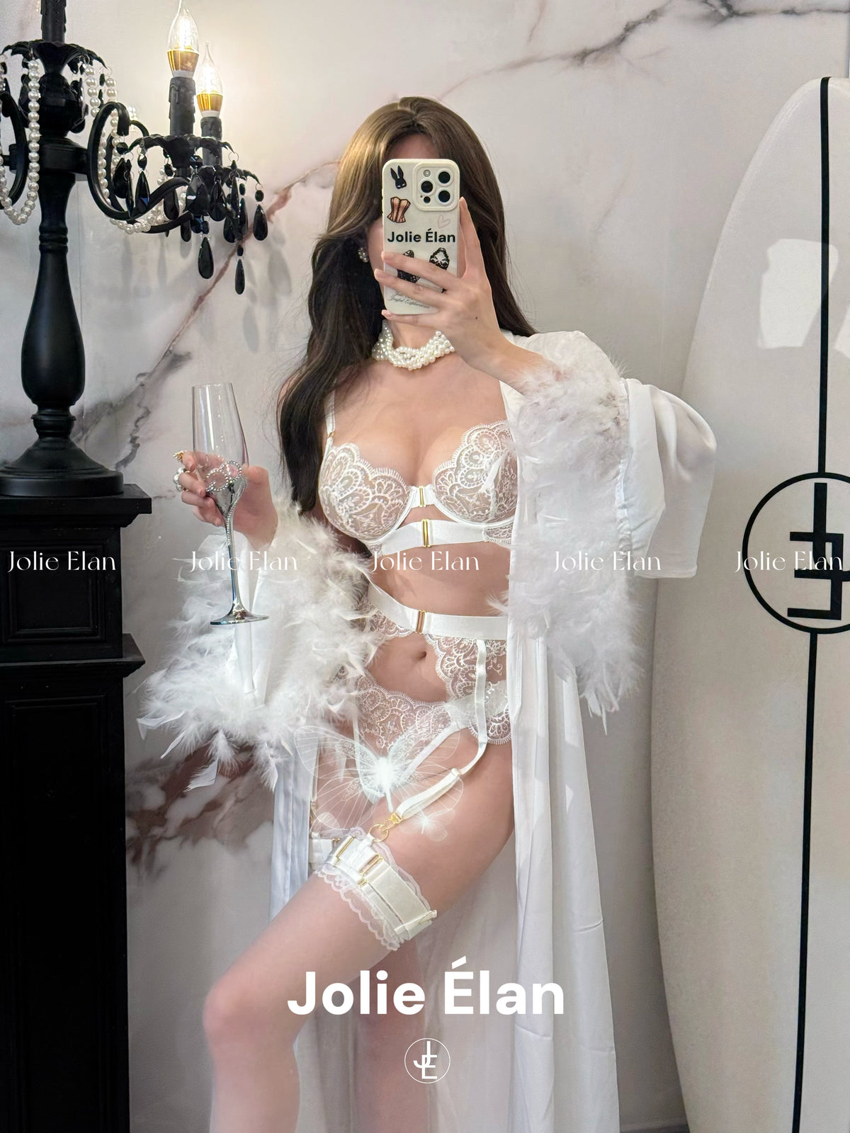JolieElan Gatsby French Lace Hollow Perspective Gathering Premium Sexy Lingerie Set