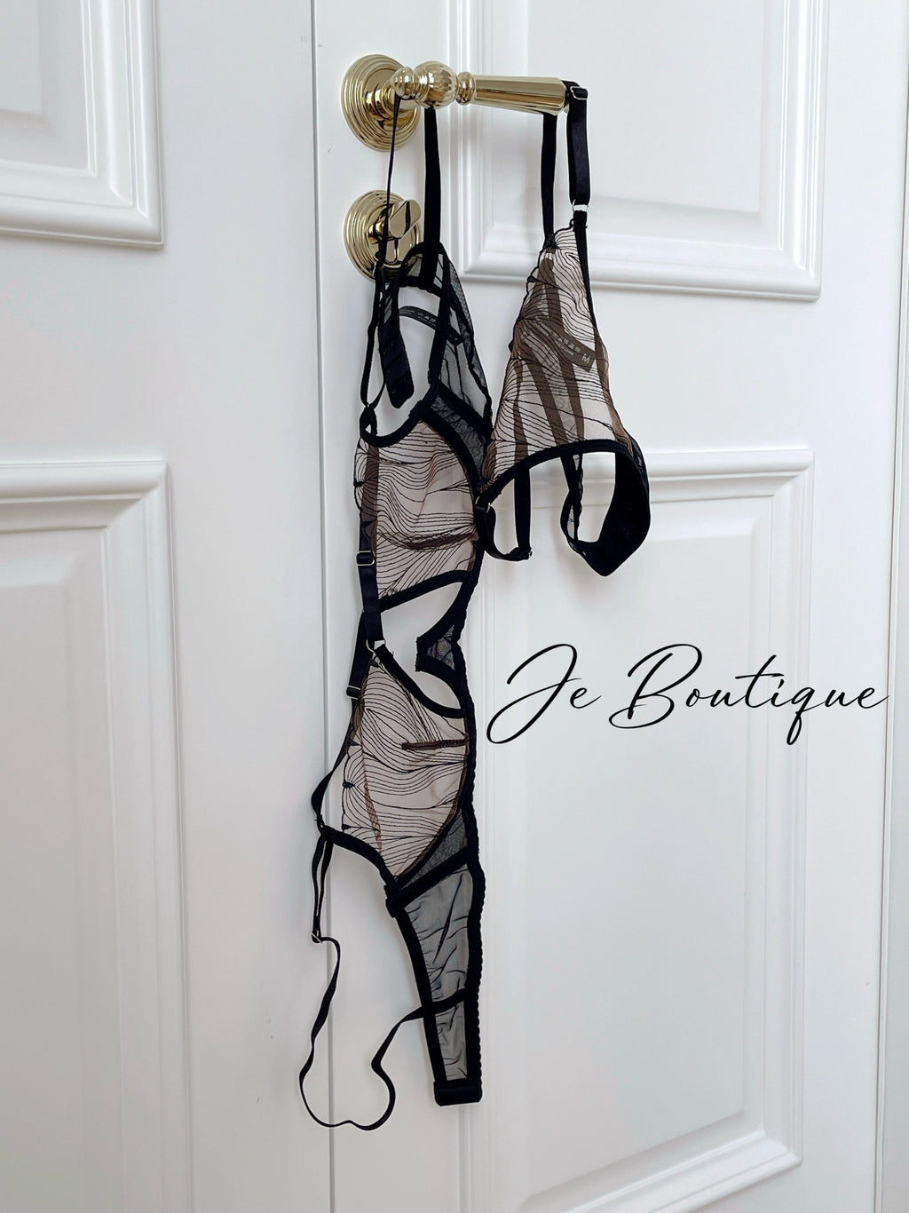 JolieElan · Rum Effect · French Lace Ultra Thin Sexy Cross Hollow Pure Desire Underwear Set