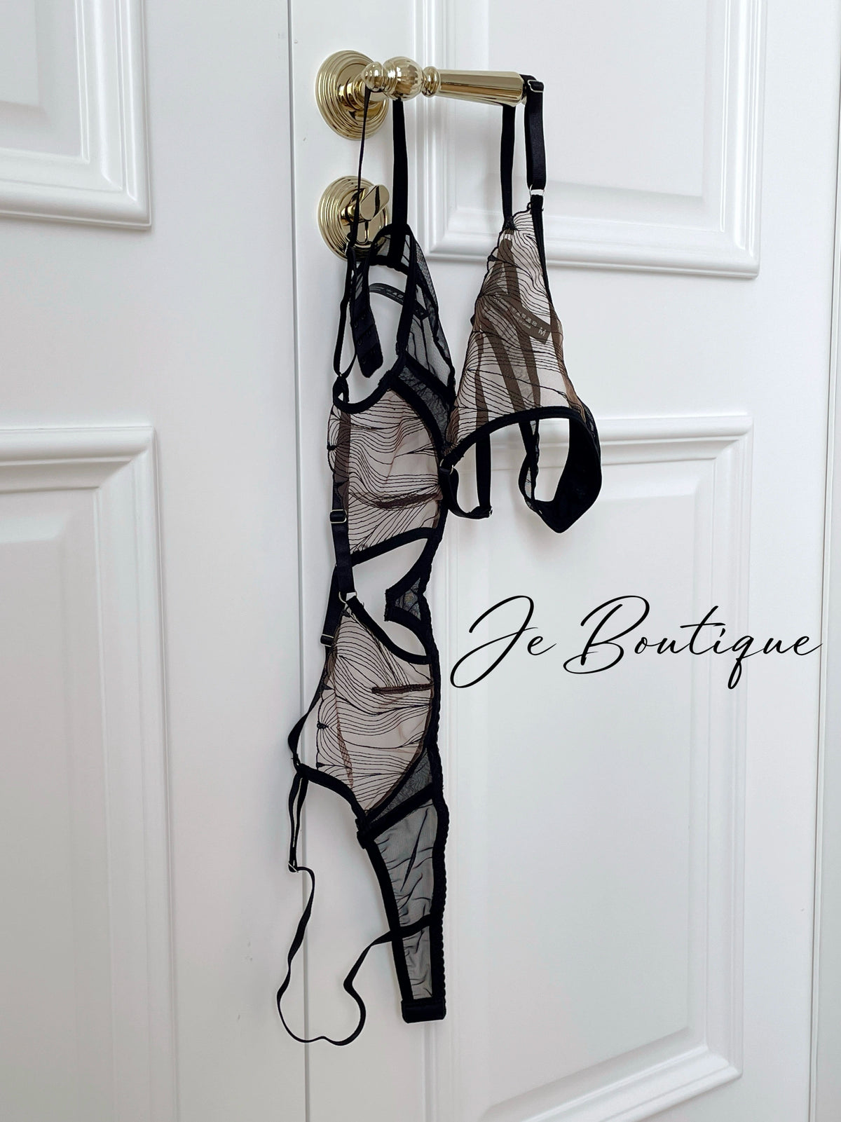 JolieElan · Rum Effect · French Lace Ultra Thin Sexy Cross Hollow Pure Desire Underwear Set