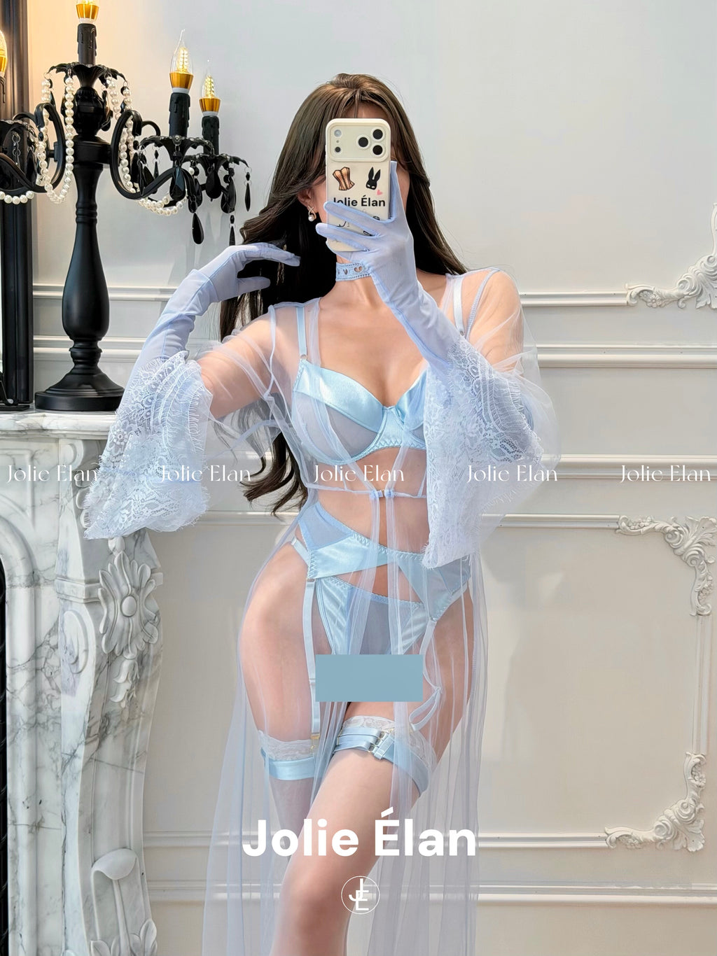 JolieElan · Fuchun Ruomeng · French Sexy Blue Mesh Perspective Premium Atmosphere Underwear Set