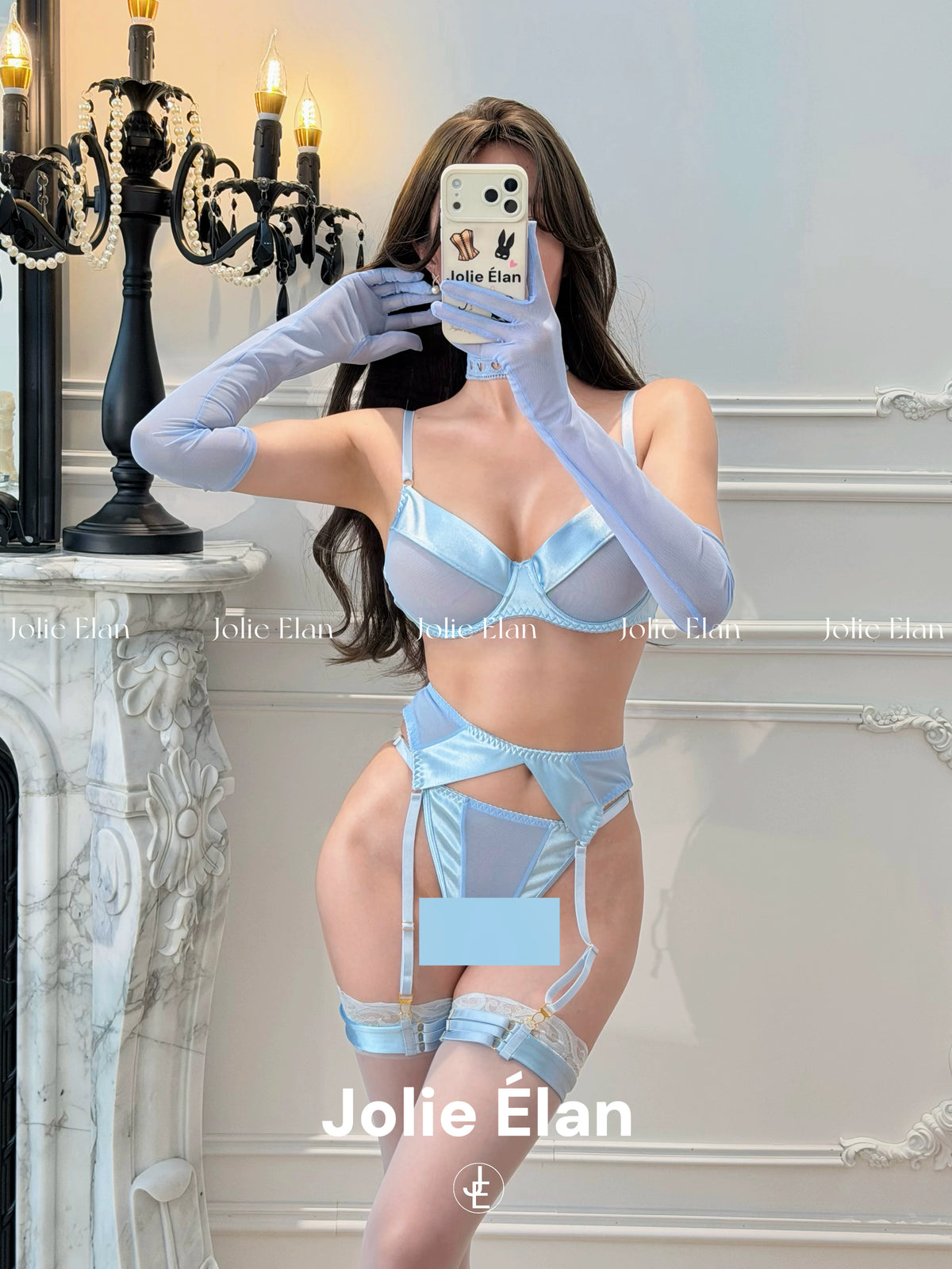JolieElan · Fuchun Ruomeng · French Sexy Blue Mesh Perspective Premium Atmosphere Underwear Set