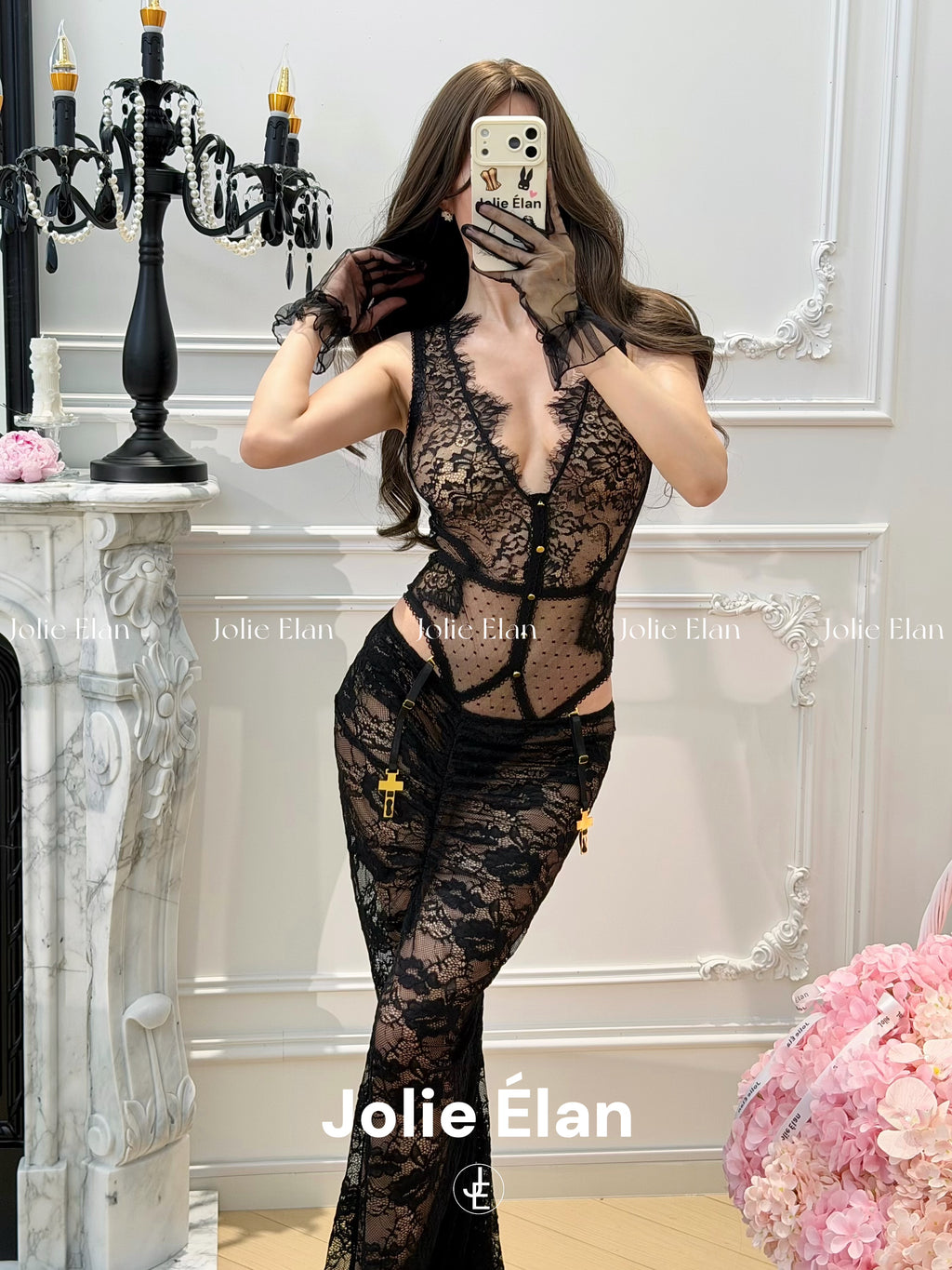 JolieElan Eaton Beauty God Sexy Deep V Lace Mesh Perspective Ultra-thin Premium One-piece Underwear Set