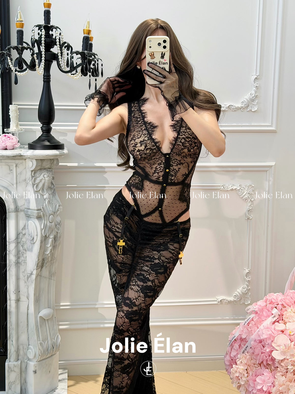 JolieElan Eaton Beauty God Sexy Deep V Lace Mesh Perspective Ultra-thin Premium One-piece Underwear Set
