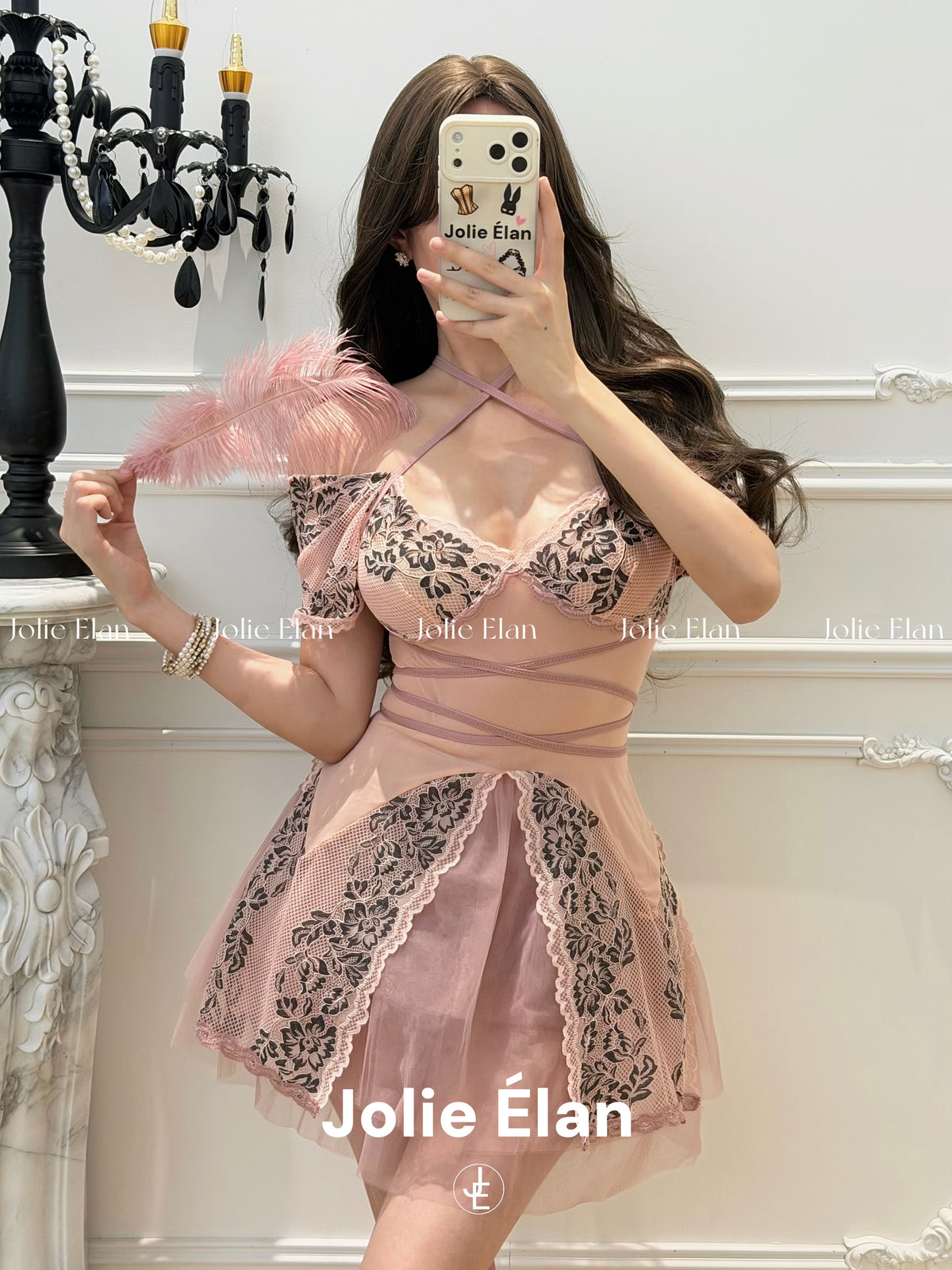 JolieElan · Falling in Love · French Sexy Pure Lust Pink Lace Split Seduction Lingerie Set
