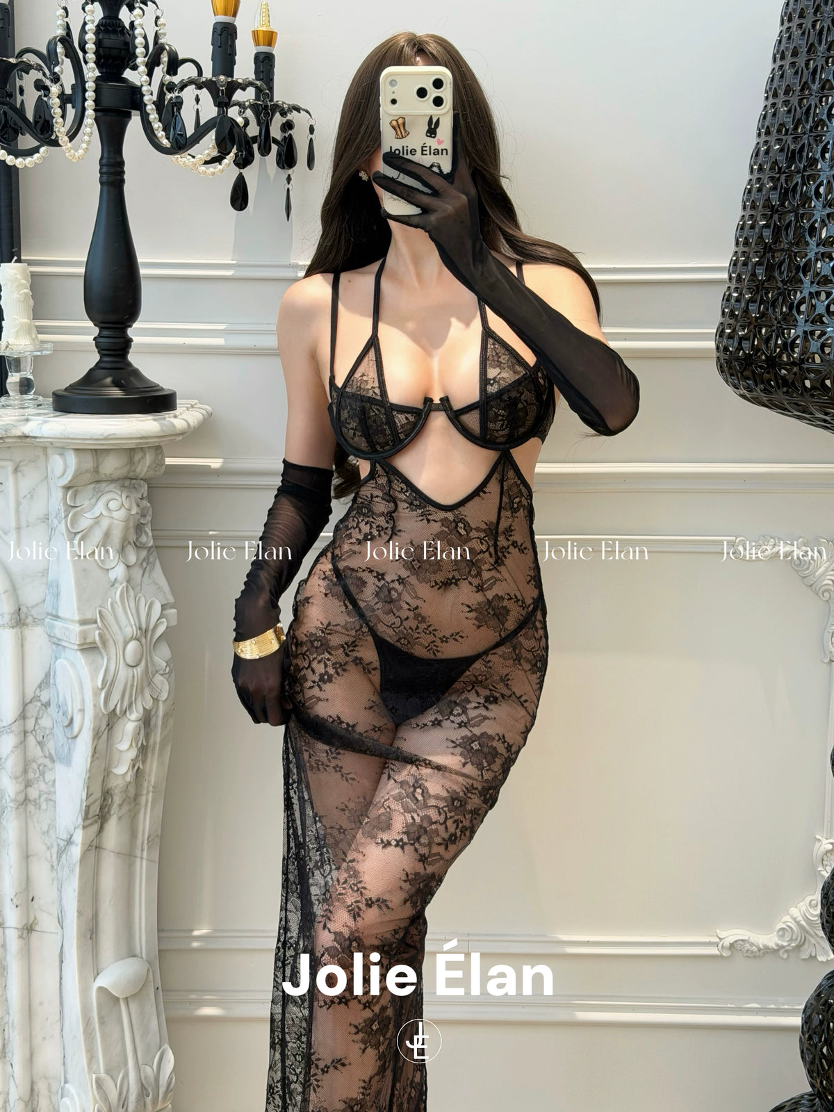 JolieElan · Love Rises · French Sexy Royal Sister Lace Perspective Suspender Long Dress Underwear Set
