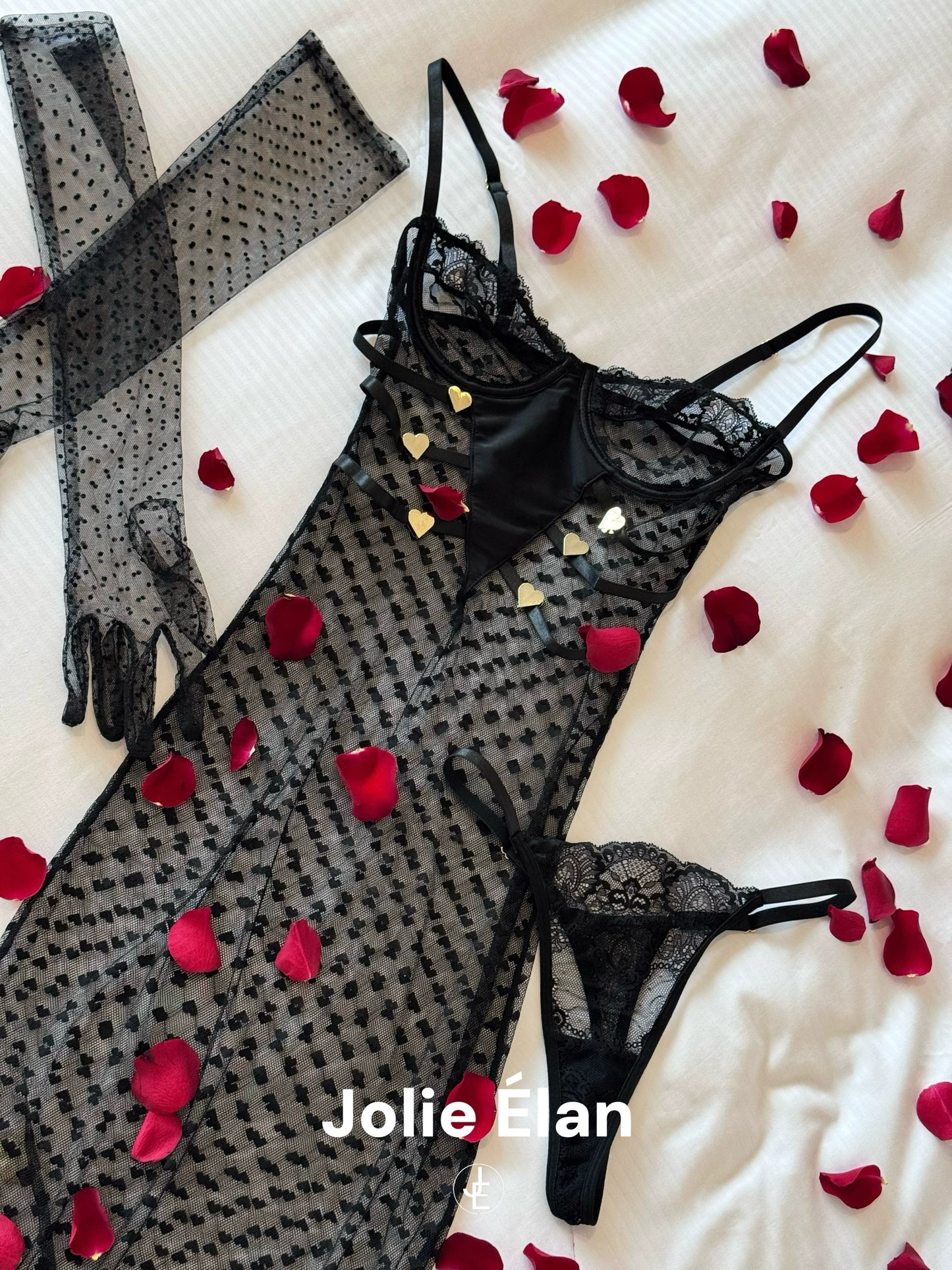 JolieElan Victoria black sexy suspender perspective lace nightdress qq underwear set