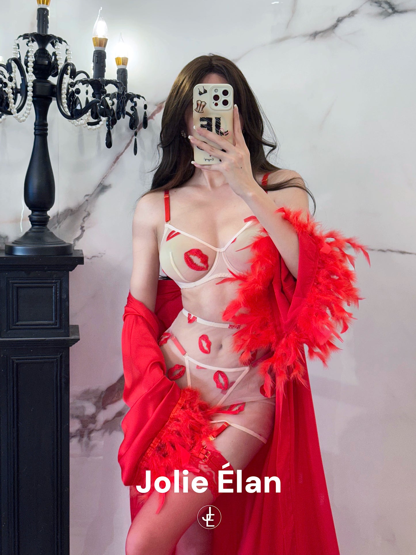 JolieElan · Heart Hunter · Red Lip Mesh Embroidery Perspective Sexy French Seduction Underwear Set