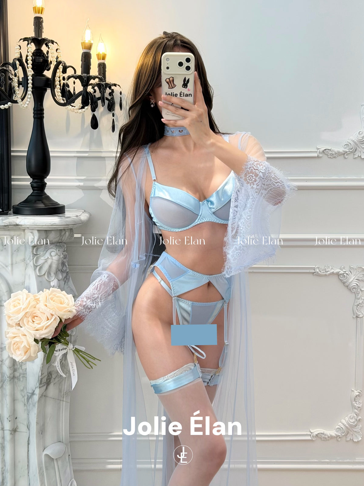 JolieElan · Fuchun Ruomeng · French Sexy Blue Mesh Perspective Premium Atmosphere Underwear Set
