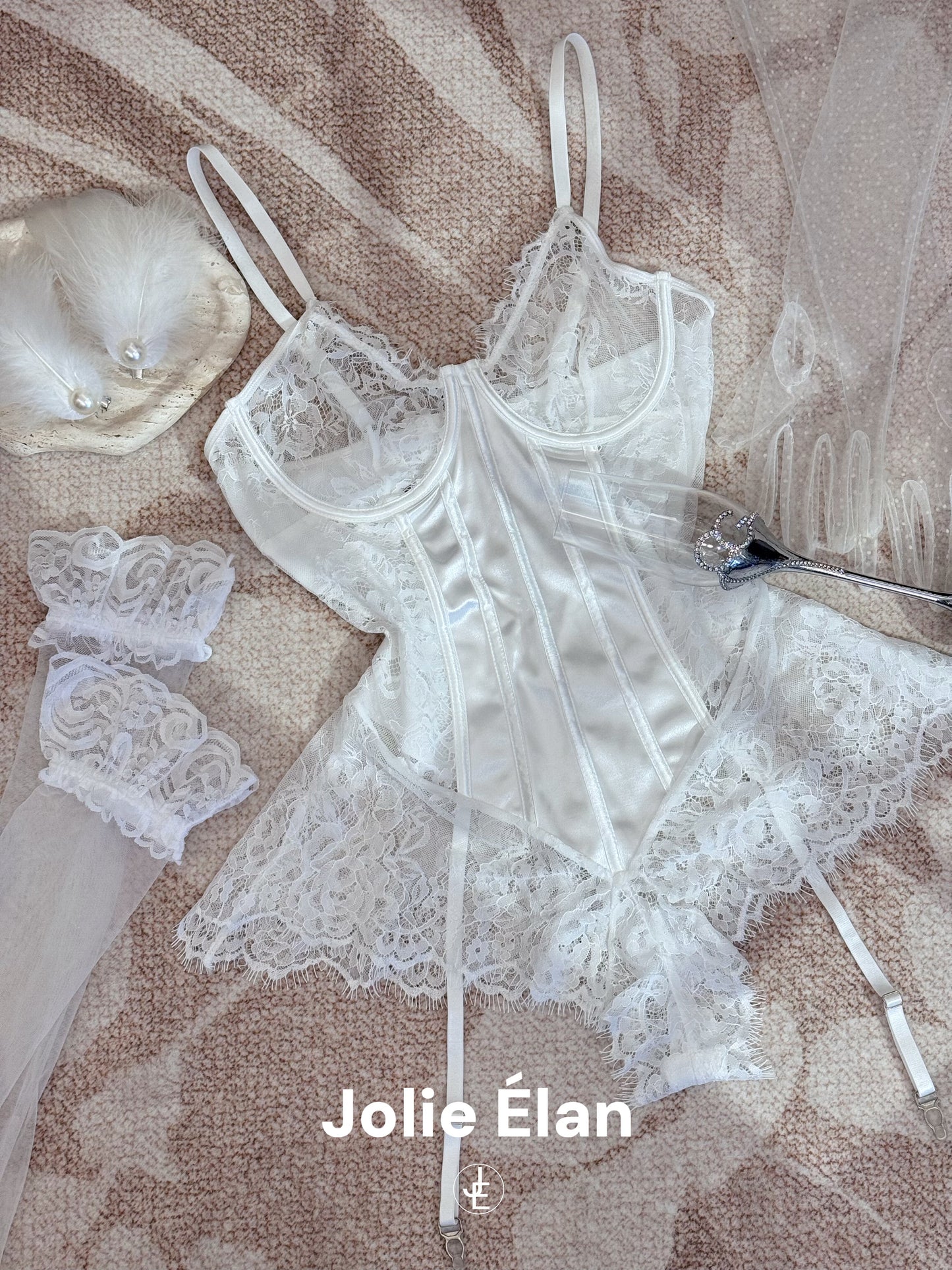JolieElan · White Swan · Sexy Lace Perspective Suspender Pure French One-piece Hollow Underwear Set