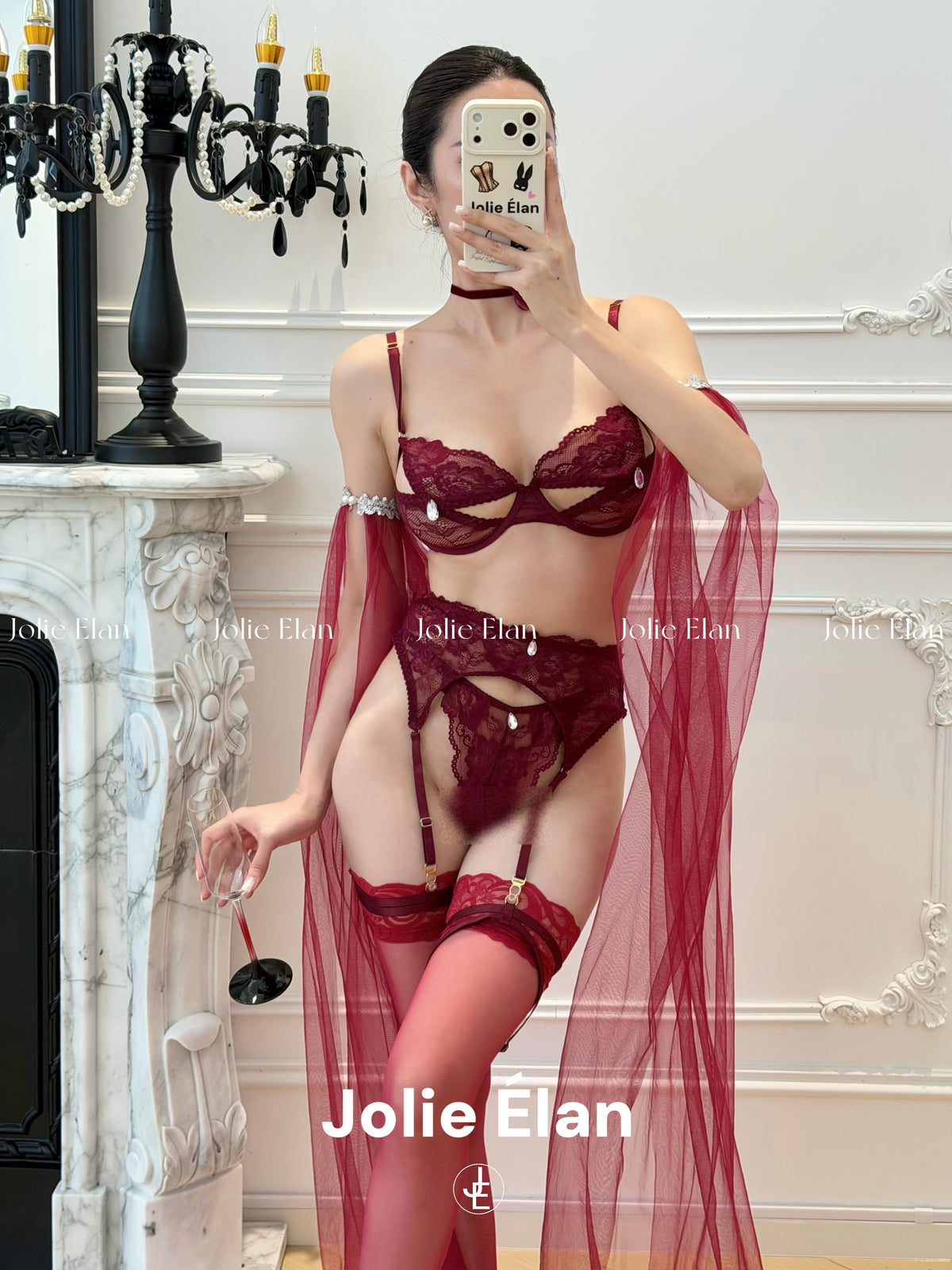 JolieElan · Cherry sweet wine · Royal sister atmosphere lace diamond decoration shows Baijiu red high-end underwear set